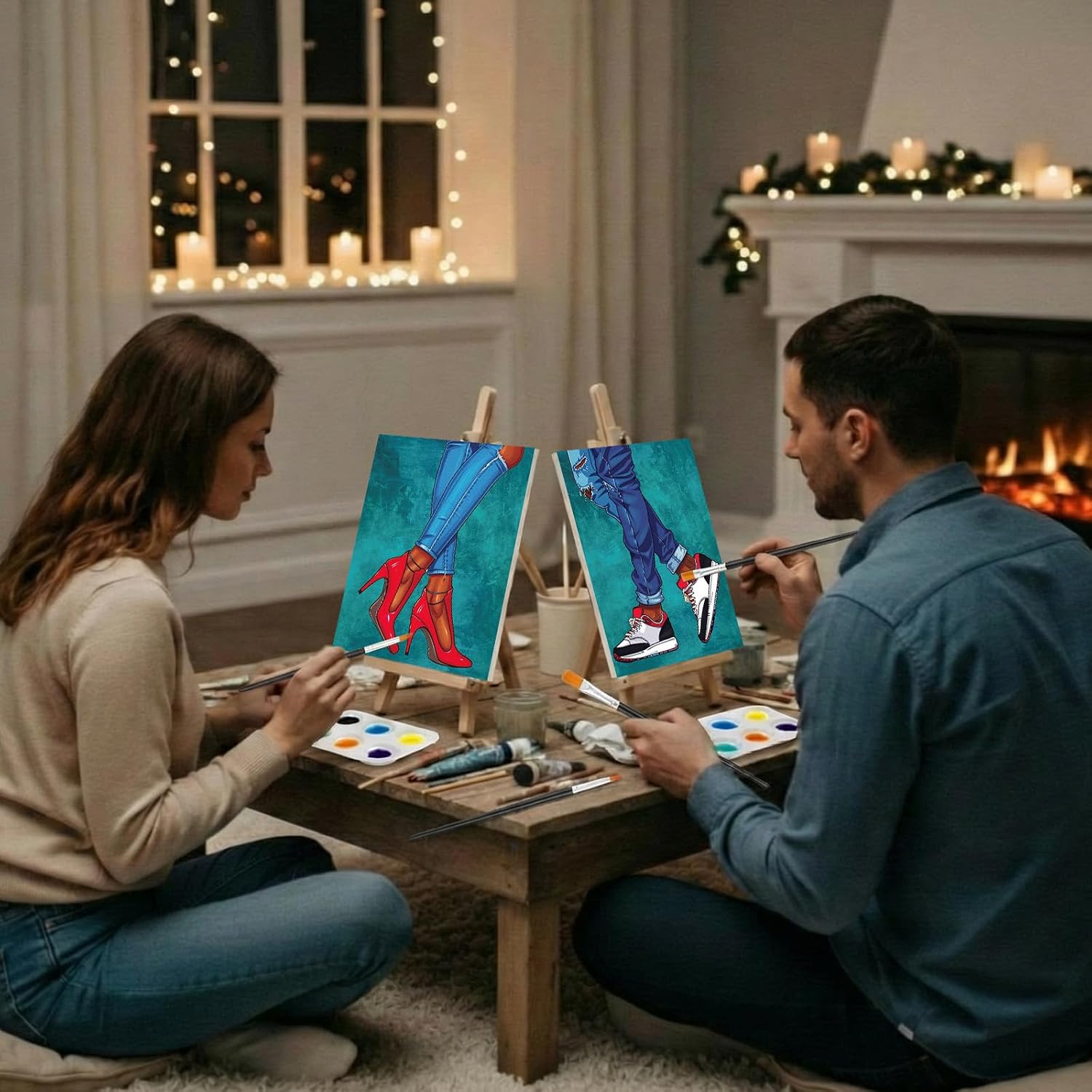 Humyoun 2 Pack Couples Painting Kit Date Night Paint and Sip Kits for Couples Pre Drawn Canvas for Painting 8 x 10 Inch Set Party Supplies Wedding Gifts(Couple Shoes)