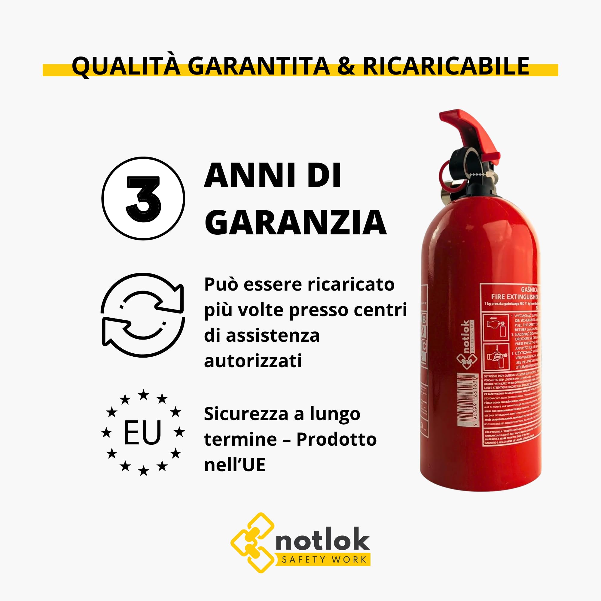 Estintore a Polvere 1kg ABC + Dispositivi Elettrici <1000V | Mini Estintore Portatile + Supporto Auto a strappo | 3 Anni di Garanzia | Estintore Casa, per Auto, Camper, Cucina