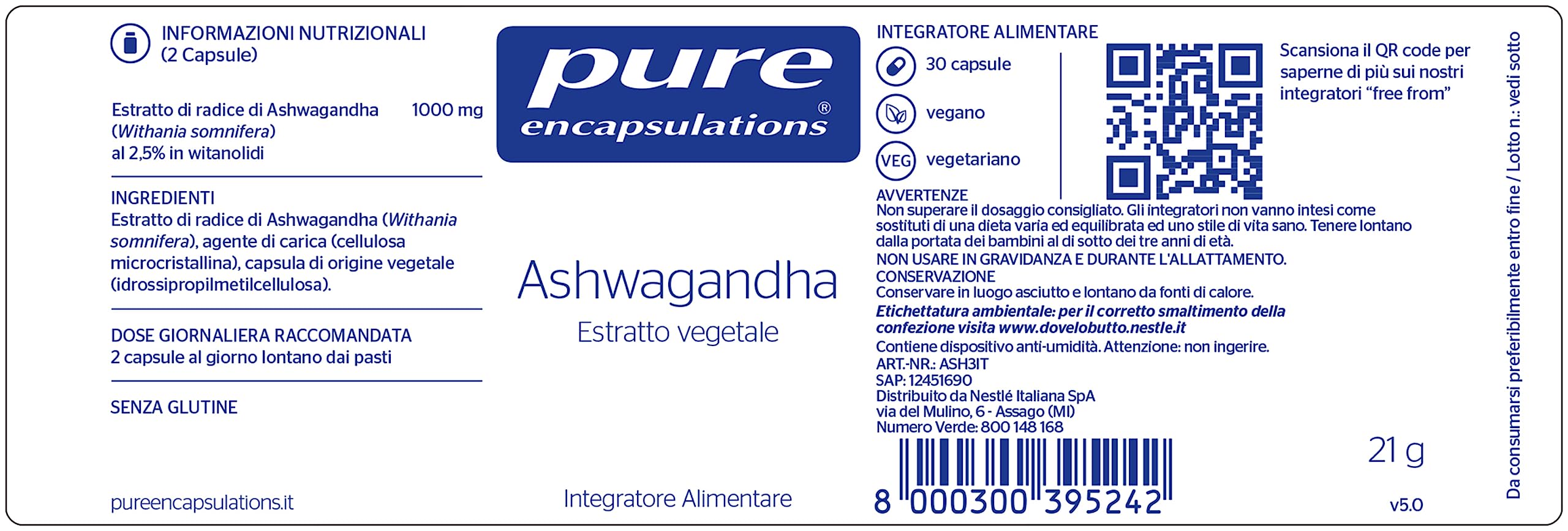 Pure Encapsulations - Ashwagandha – Integratore con Withania somnifera (Ginseng Indiano) – Capsule Vegane Senza Glutine e Lattosio – 30 Capsule