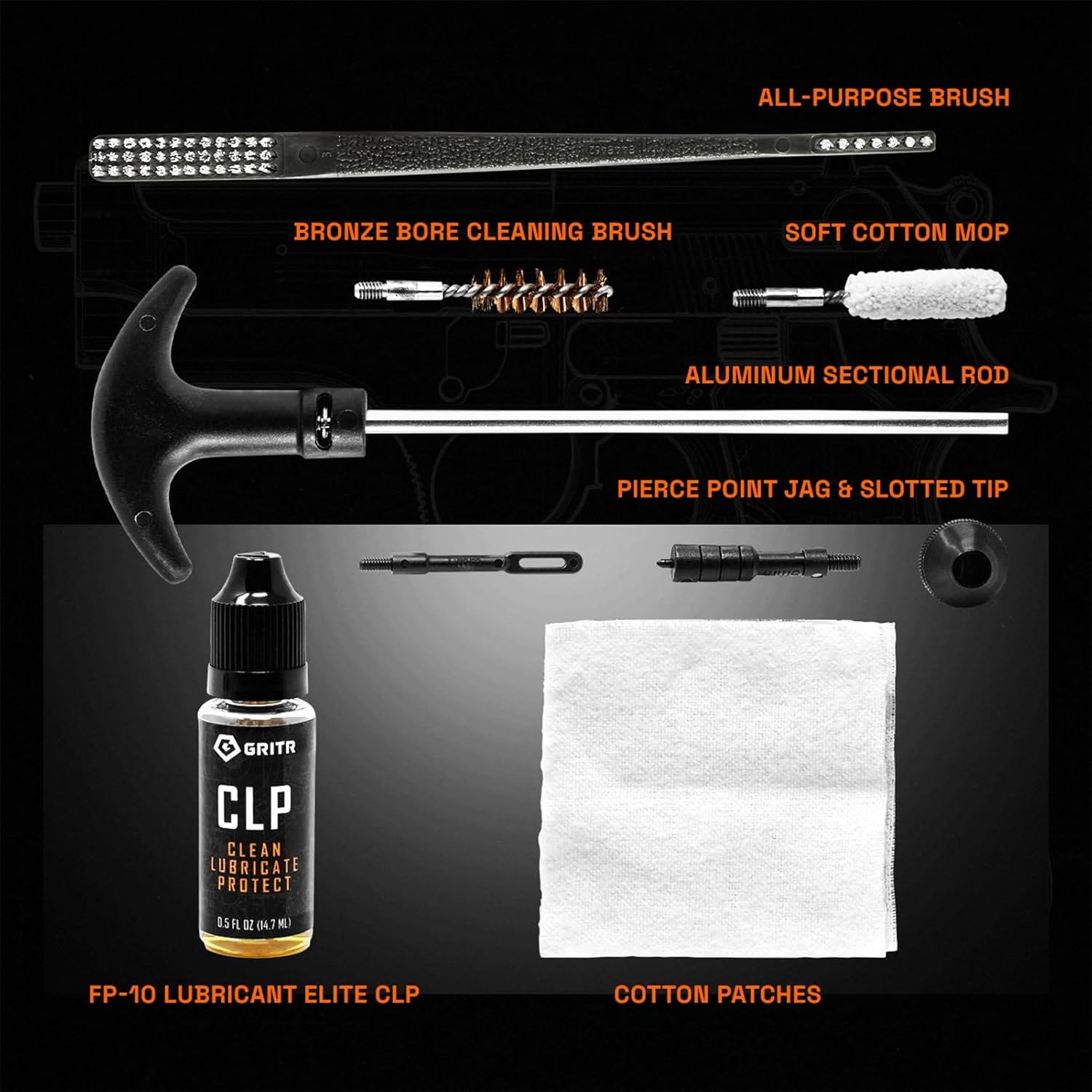 GRITR Gun Cleaning Kit for Handguns, Rifles & Shotguns – Cleaning Brushes, Patches & FP-10 Lubricant Elite CLP