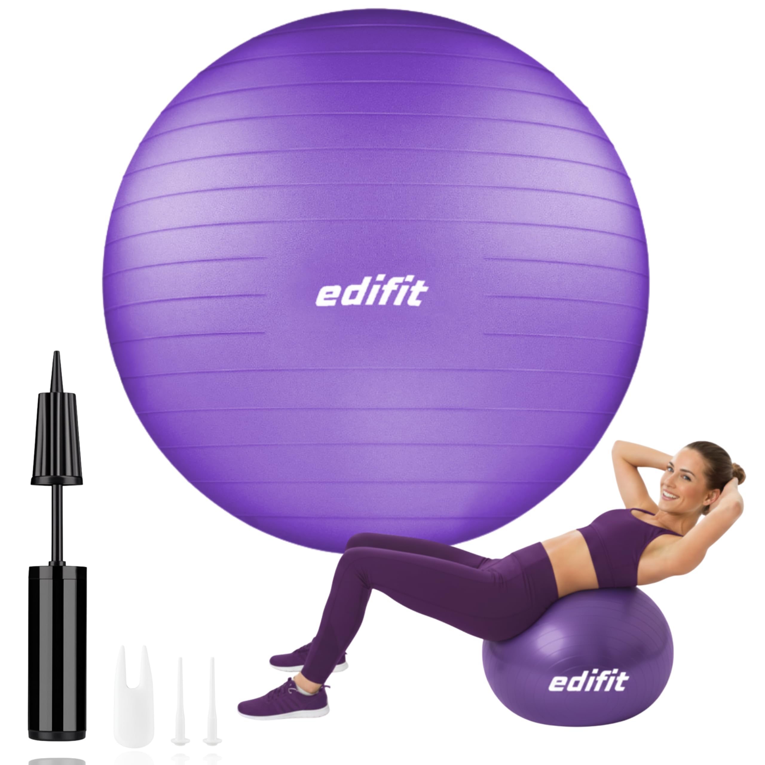 EDIFIT, Palla Fitness, 55, 65 e 75cm, Pilates Attrezzi Casa, Incluso il Gonfiatore, Fitball, Yoga Accessori, Palla Gravidanza, Ginnastica Ritmica (65cm, Viola)