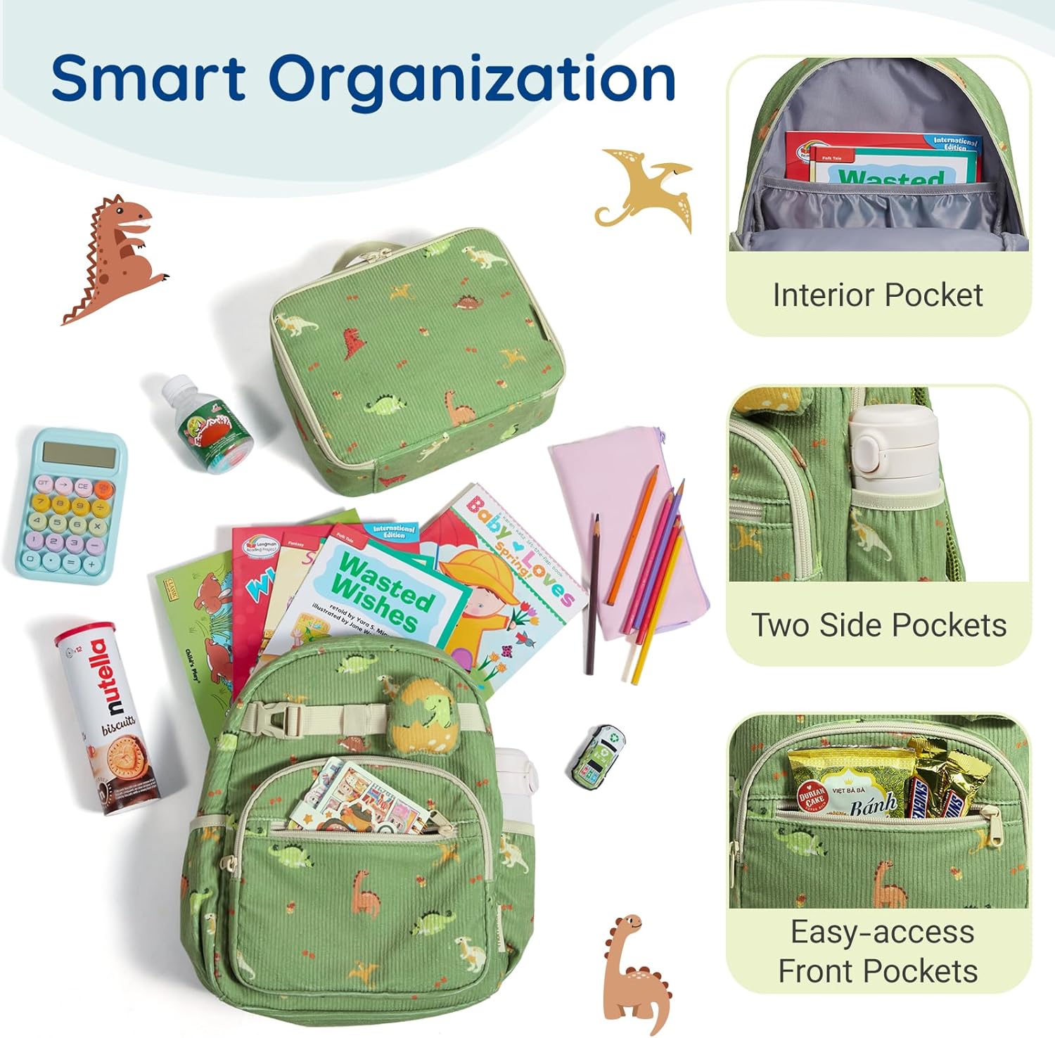 mommore Toddler Backpack Kids Backpack for Boys 2-4, Corduroy Preschool Kindergarten Bookbag, 13" H Dinosaur Backpacks with Lunch Box Dinosaur(set) Backpack With Lunch Box image 2 of 5 B0FX3S9CPB