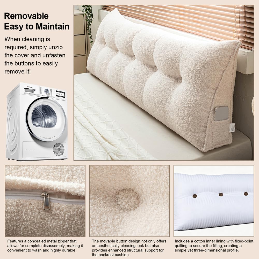 Headboard Pillow Wedge – Soft Teddy Velvet Reading Pillow for Bed, Backrest Cushion with Removable Cover & Side Pockets, Comfortable Sitting Up Support Pillow for Bed, Sofa,off white/39*20*8