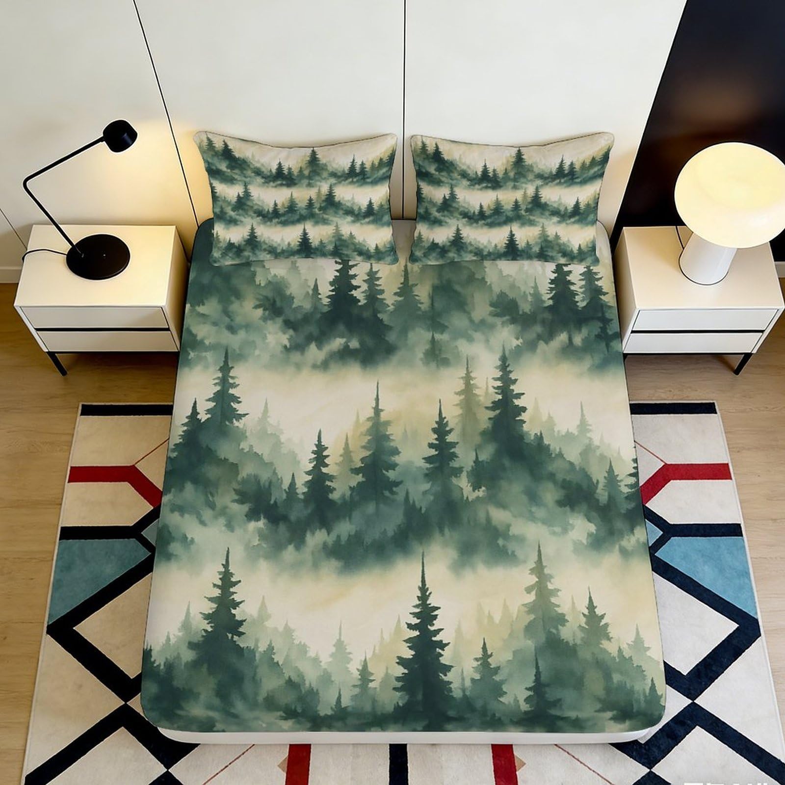 3D Printed Forest Mist Fitted Sheet Microfiber Soft Breathable Pine Tree Mattress Cover for Bedroom Guest Room 200x200x25cm