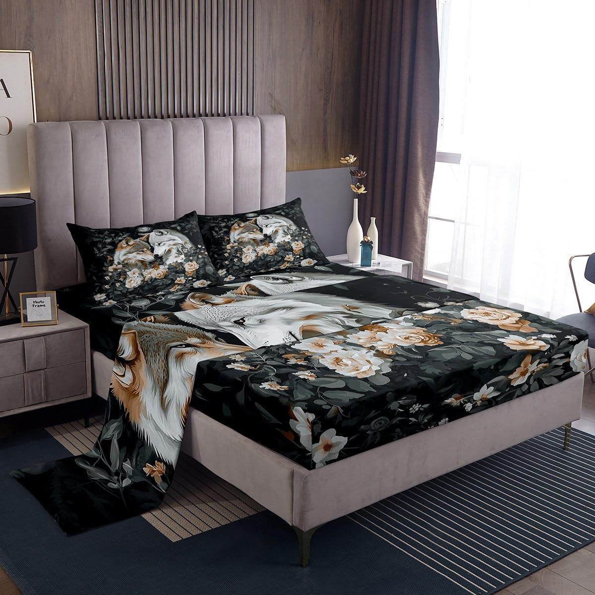 Erosebridal Wolf Bed Set Rose Flower Bed Sheets Set Queen Retro Style Flat Fitted Sheet Tribal Wildlife Floral