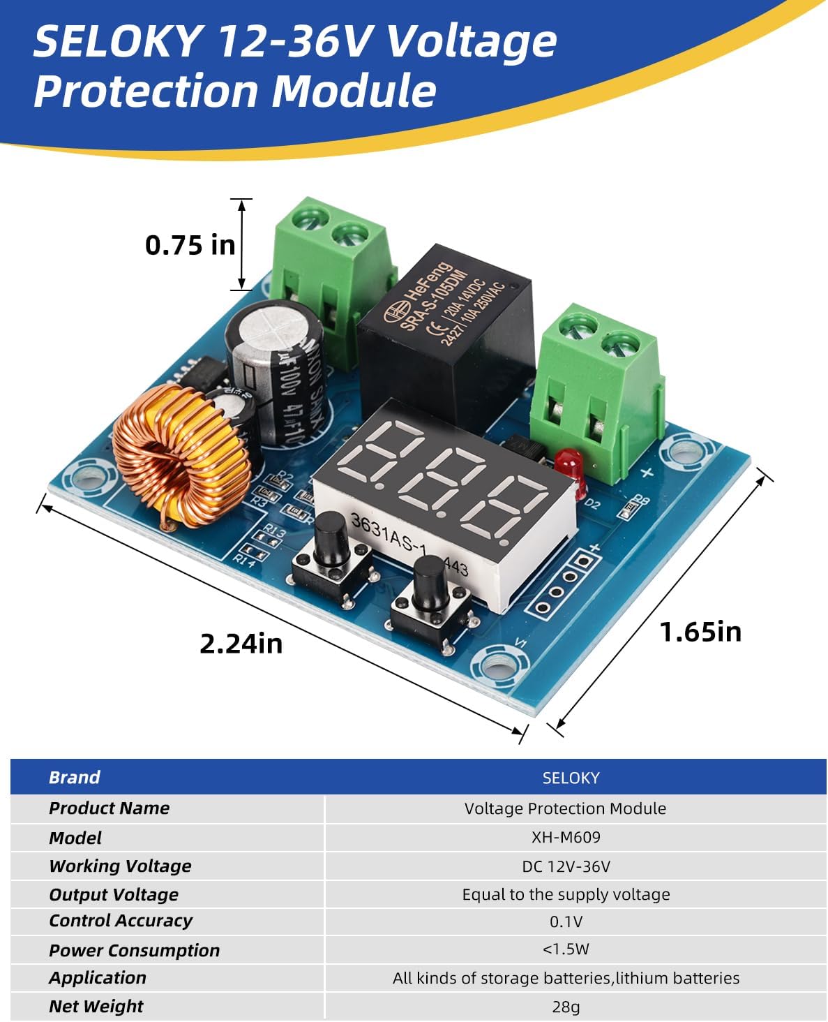 12V-36V DC Voltage Protection Module Digital Low Voltage Protector Disconnect Switch Cut Off Over Discharge Protection Module Pack of 8