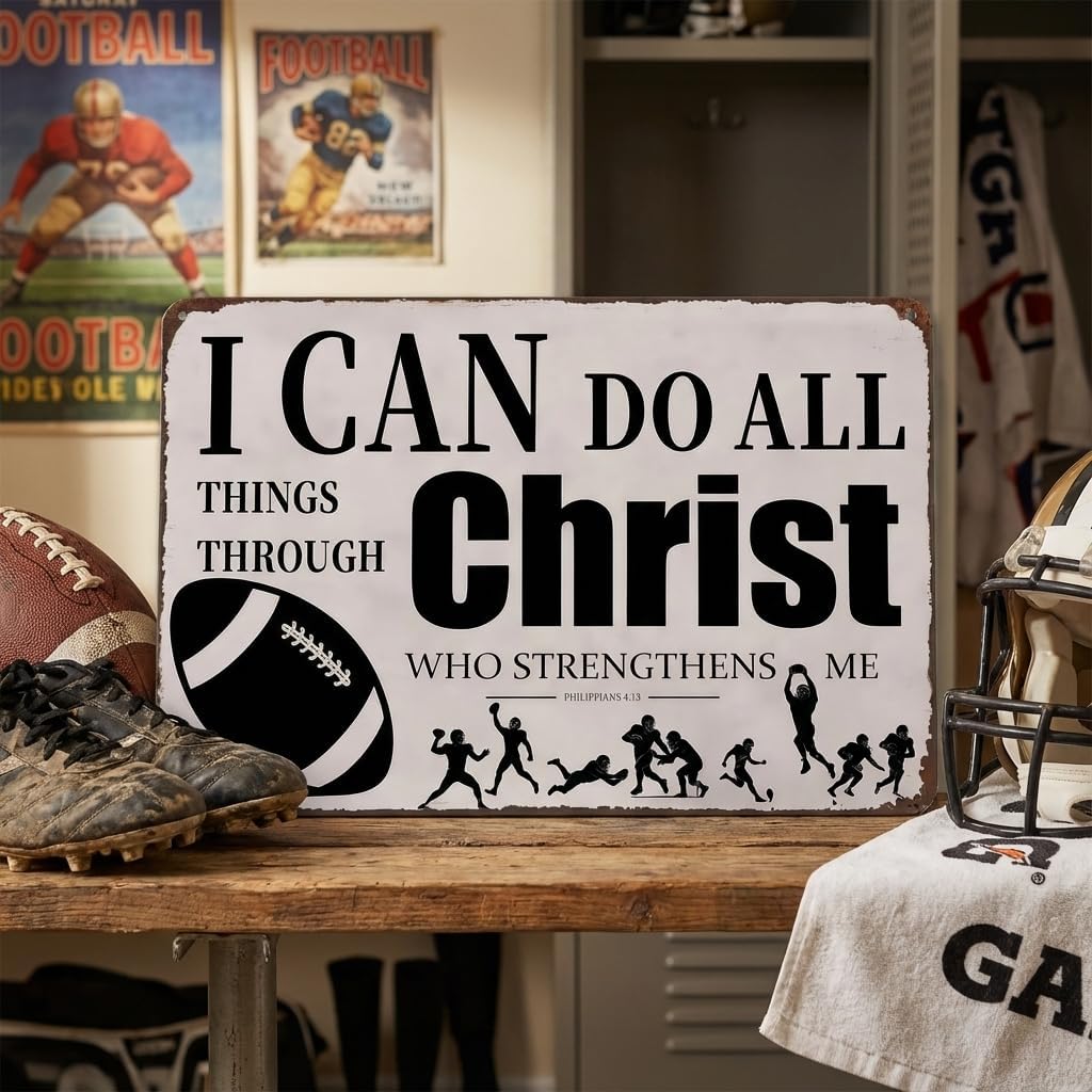Funnysign Football Gifts I Can Do All Things Through Christ Philippians 4:13 Inspirational Bible Verse Tin Sign for Boys Room Man Cave Bedroom Living Room Decor 8 x 12 Inches (3926)