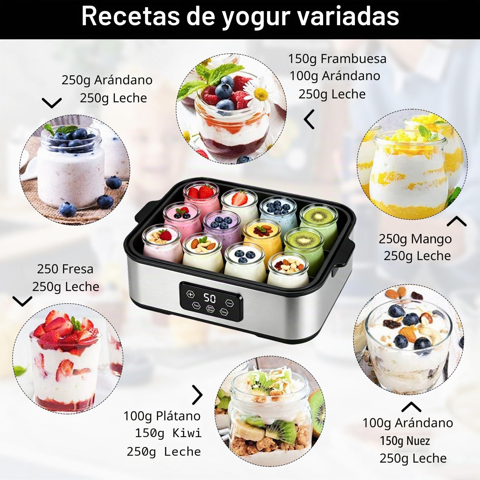 Yogurtera Digital 2,2 L, Máquina para Hacer Yogur con Tarros, Temperatura Constante de 20-55 °C, Yogurtera Automática para Yogur Casero, Queso y Natto en Casa (12 × 180 ml Tarros)
