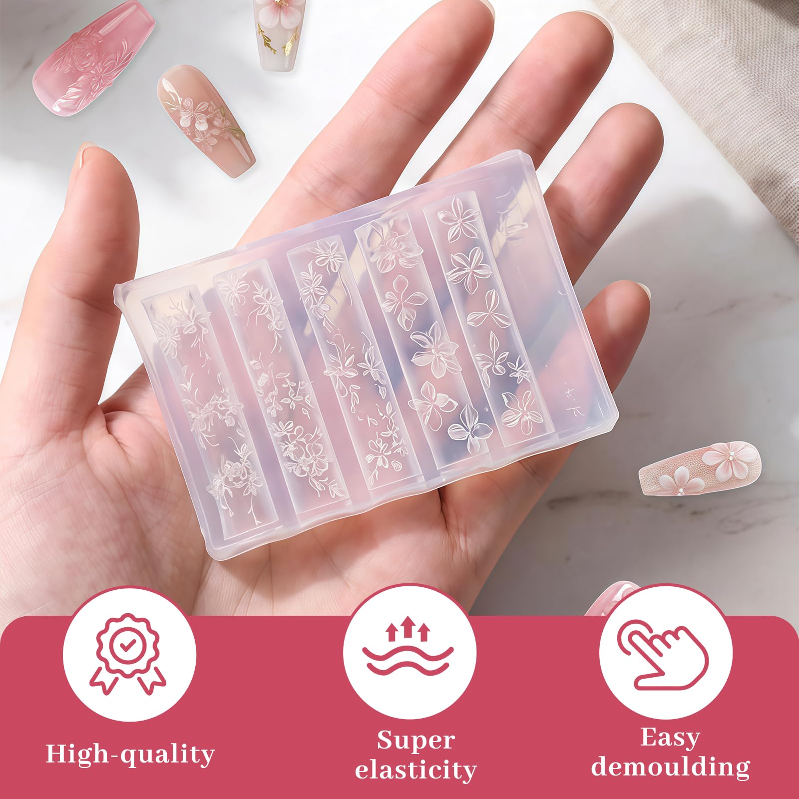 Set de Moldes de Silicona 3D para Diseño de Uñas, Flores y Encajes DIY con Lápiz Aplicador