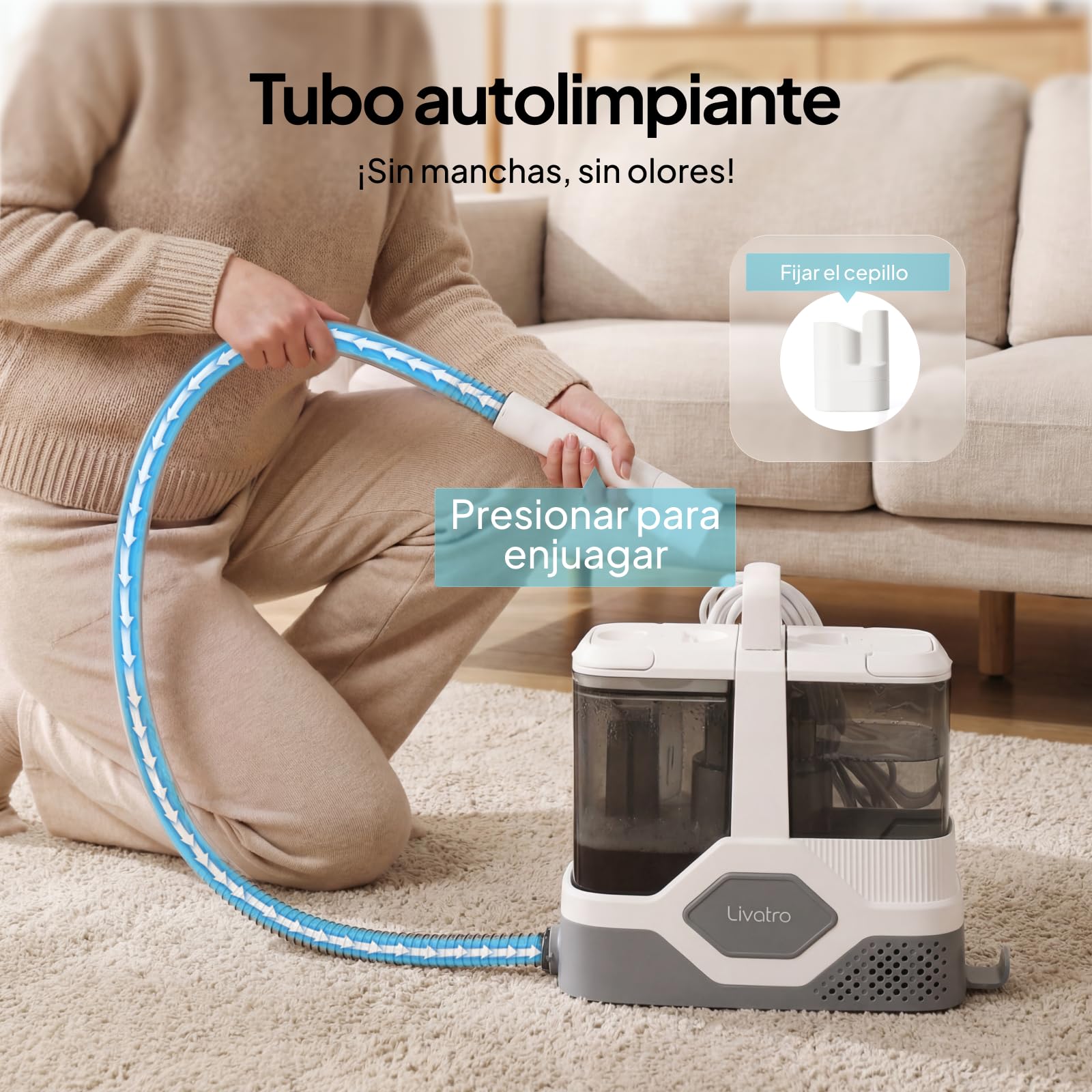 Livatro Aspiradora de Agua Tapicería, 600W 16kPa Limpiador de Tapicerías, 2,3L Depósito, Limpieza de Sofás con Función de Autolimpieza, Lava Aspiradora para Alfombras, Moquetas, Tapicería y Coche