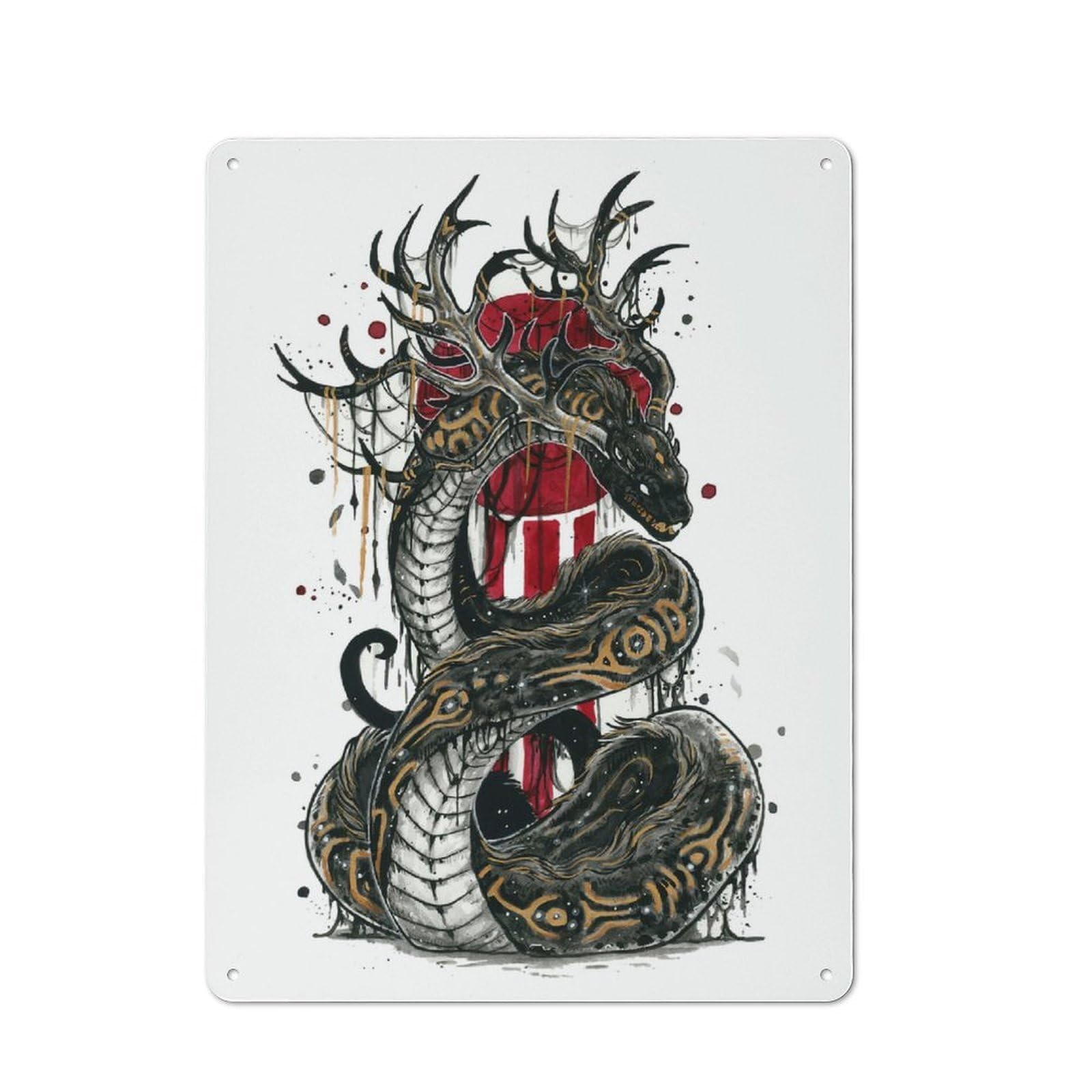 Horned Serpent Retro Metal Plaque 40x30cm for Lounge Or Reading Corner, for Vintage Wall Decor Fans, for Themed Room Decoration