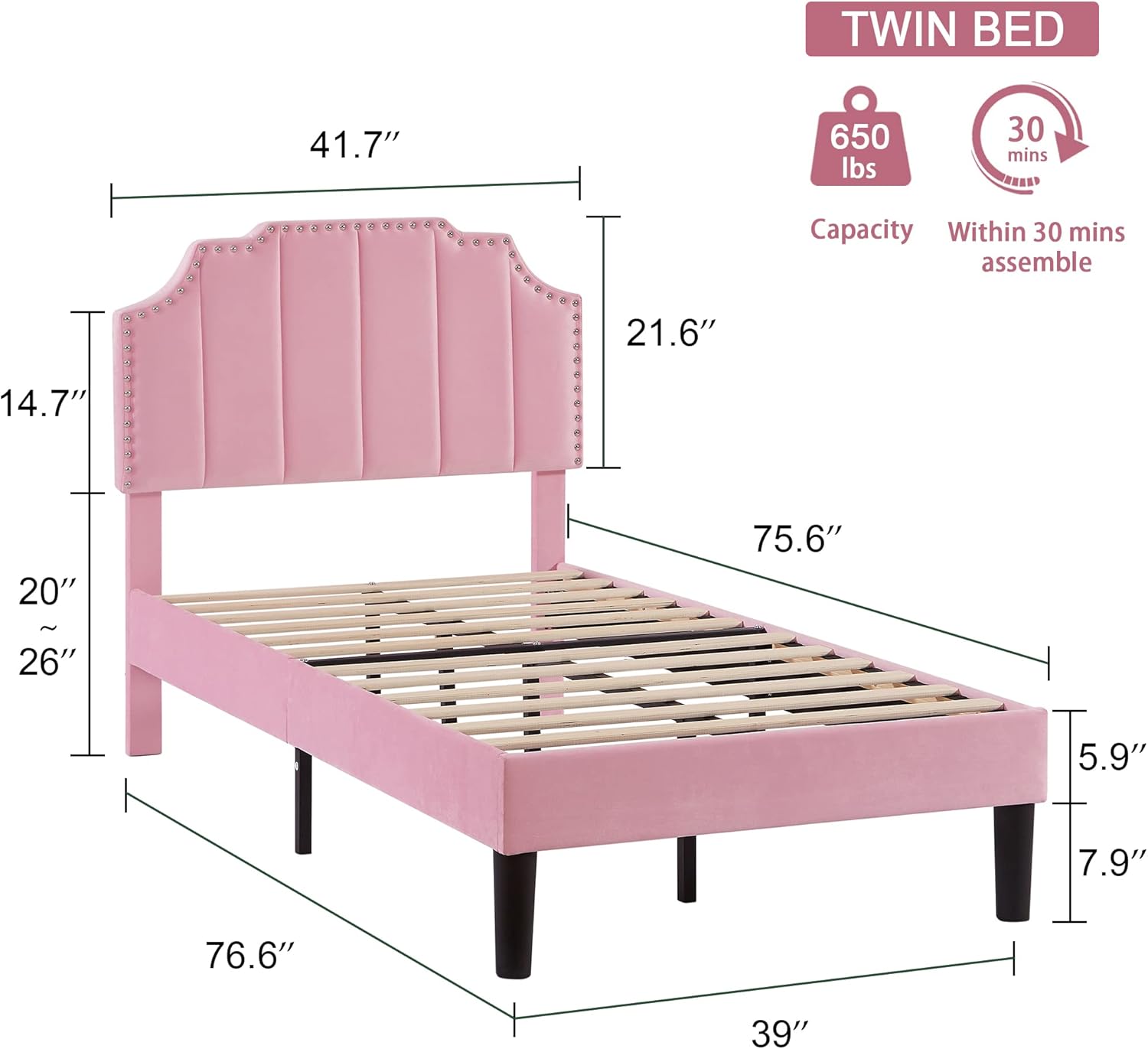 VECELO Twin Size Velvet Upholstered Platform Bed Frame with Nailhead Trim,Tufted Height Adjustable Headboard,Vintage Bed with Wooden Slats/No Box Spring Needed/Under Bed Storage/Easy Assembly