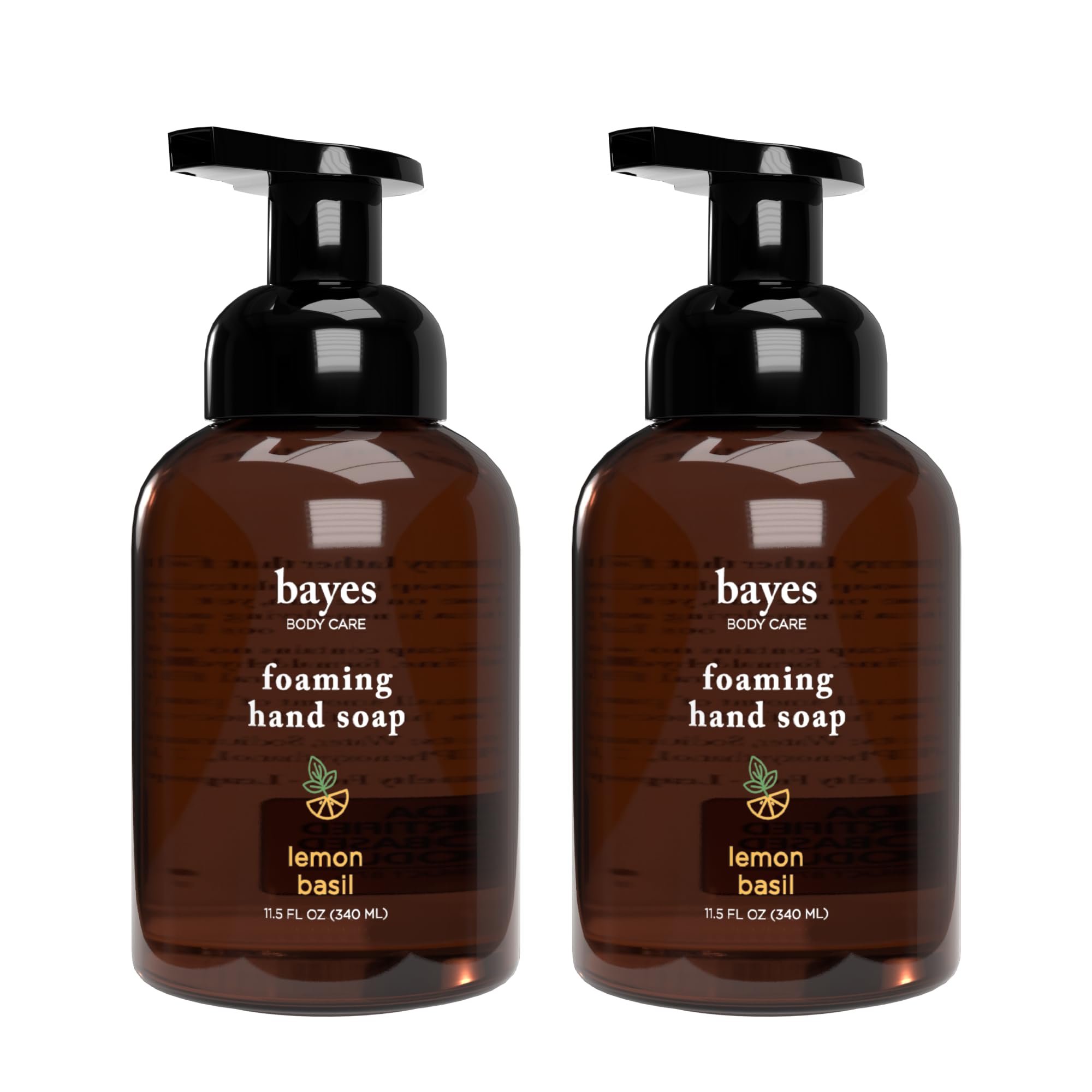 Bayes Foaming Hand Soap - Aromatic and Nourishing Hand Wash, Infused with Essential Oils - USDA Certified Biobased - 11.5 Ounce, Lemon Basil, 2 Pack