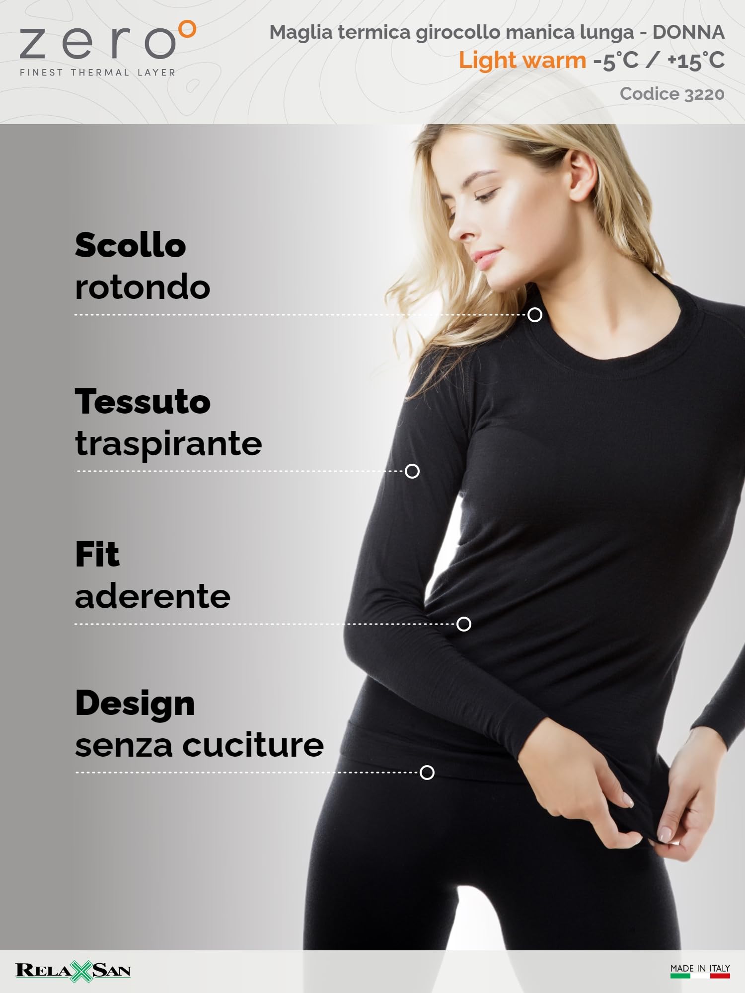 Relaxsan Zero Maglia Termica Donna Manica Lunga con Lana Merino, Made in Italy, cod. 3220