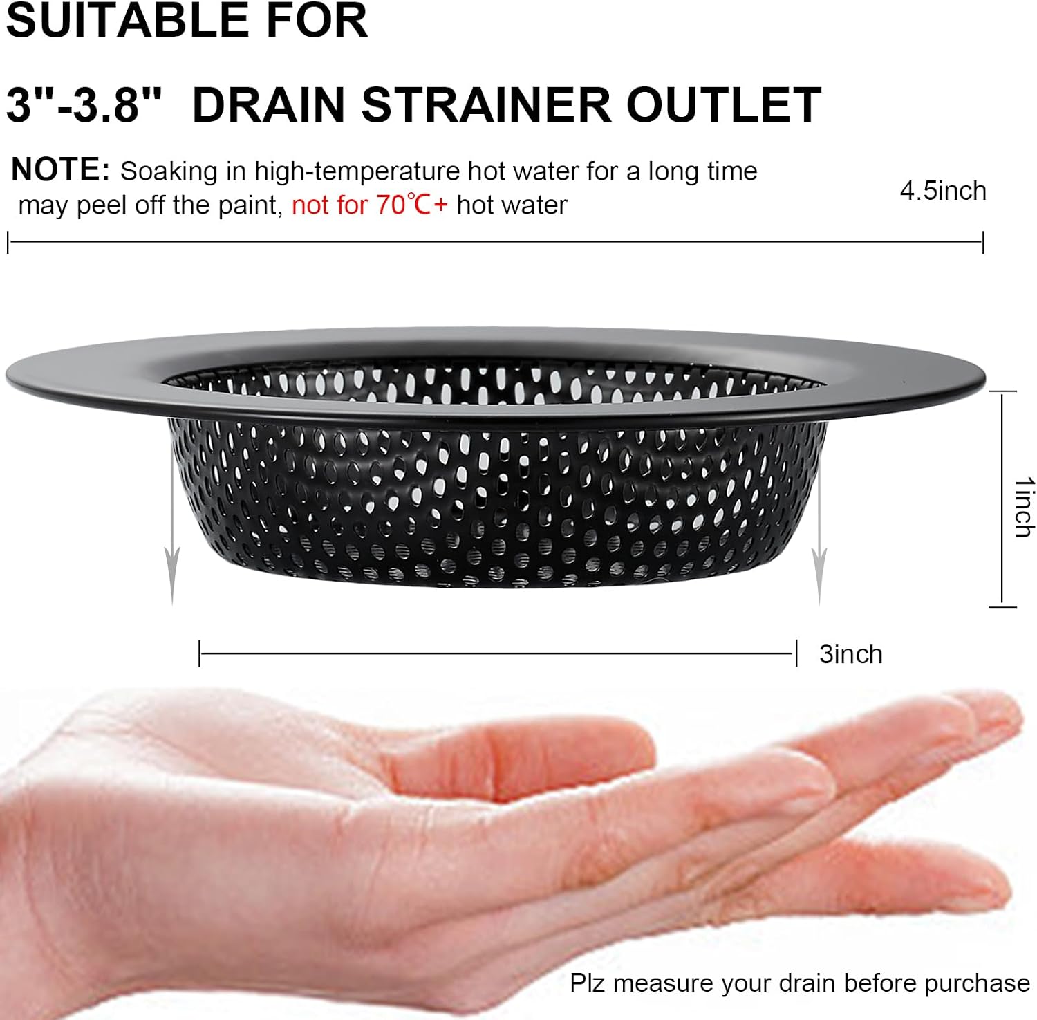 Matte Black Kitchen Sink Strainer Stainless Steel, Kitchen Sink Drain Strainer,Sink Strainers with Large Wide Rim 4.5" Diameter for Kitchen Sinks (not for 160℉+ (70℃+) hot Water)