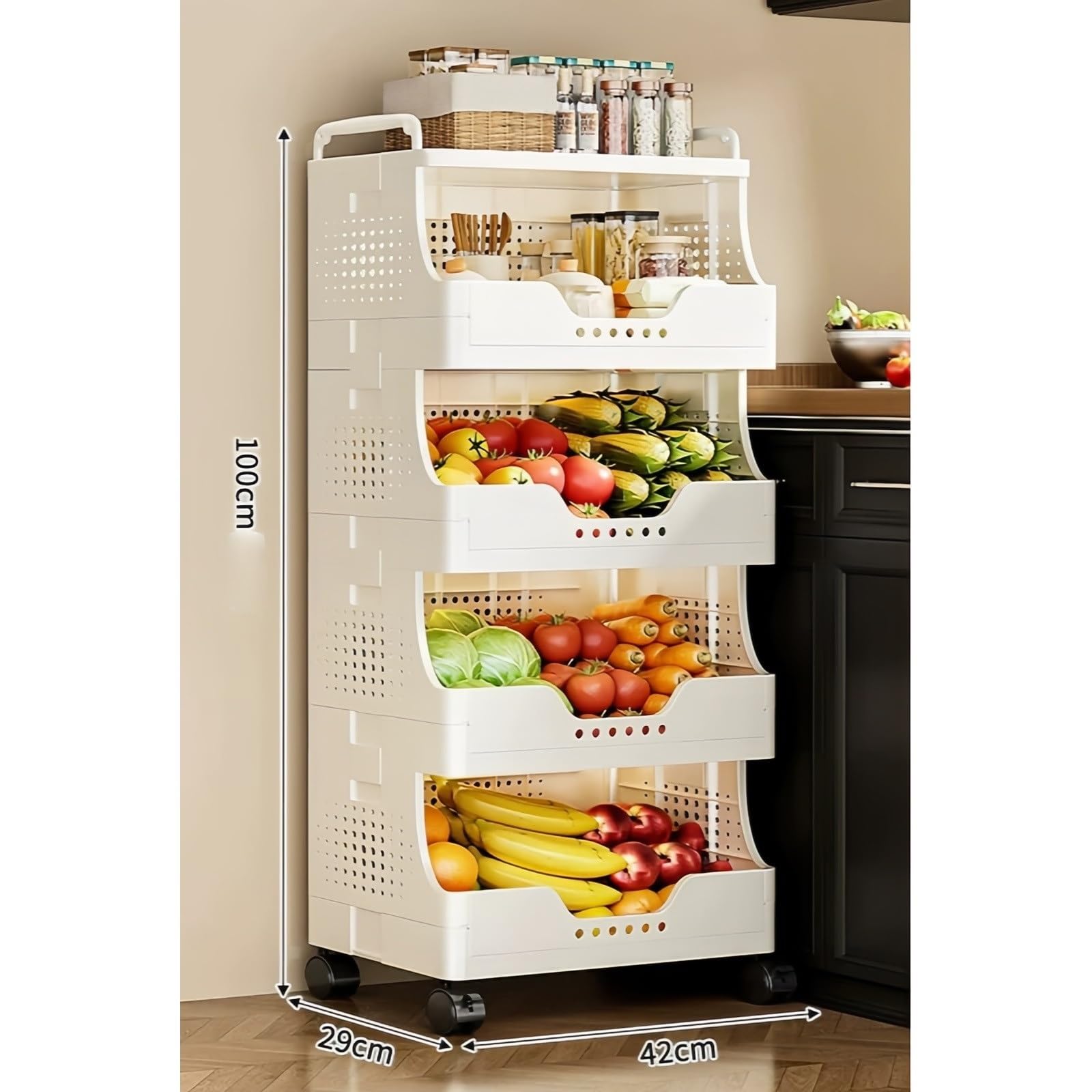 Carrello da cucina Carrello portaoggetti da cucina con rotelle, ripiano organizer for cestini di frutta e verdura a più livelli(Grande)