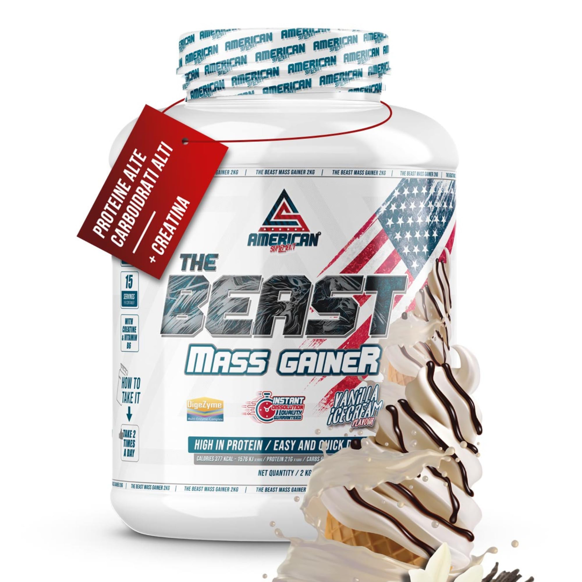 Mass Gainer 2kg | Ricco di Carboidrati e Proteine | Aiuta ad Aumentare di Peso e Massa Muscolare | Con Creatina (2 kg (Paquete de 1), Vaniglia)
