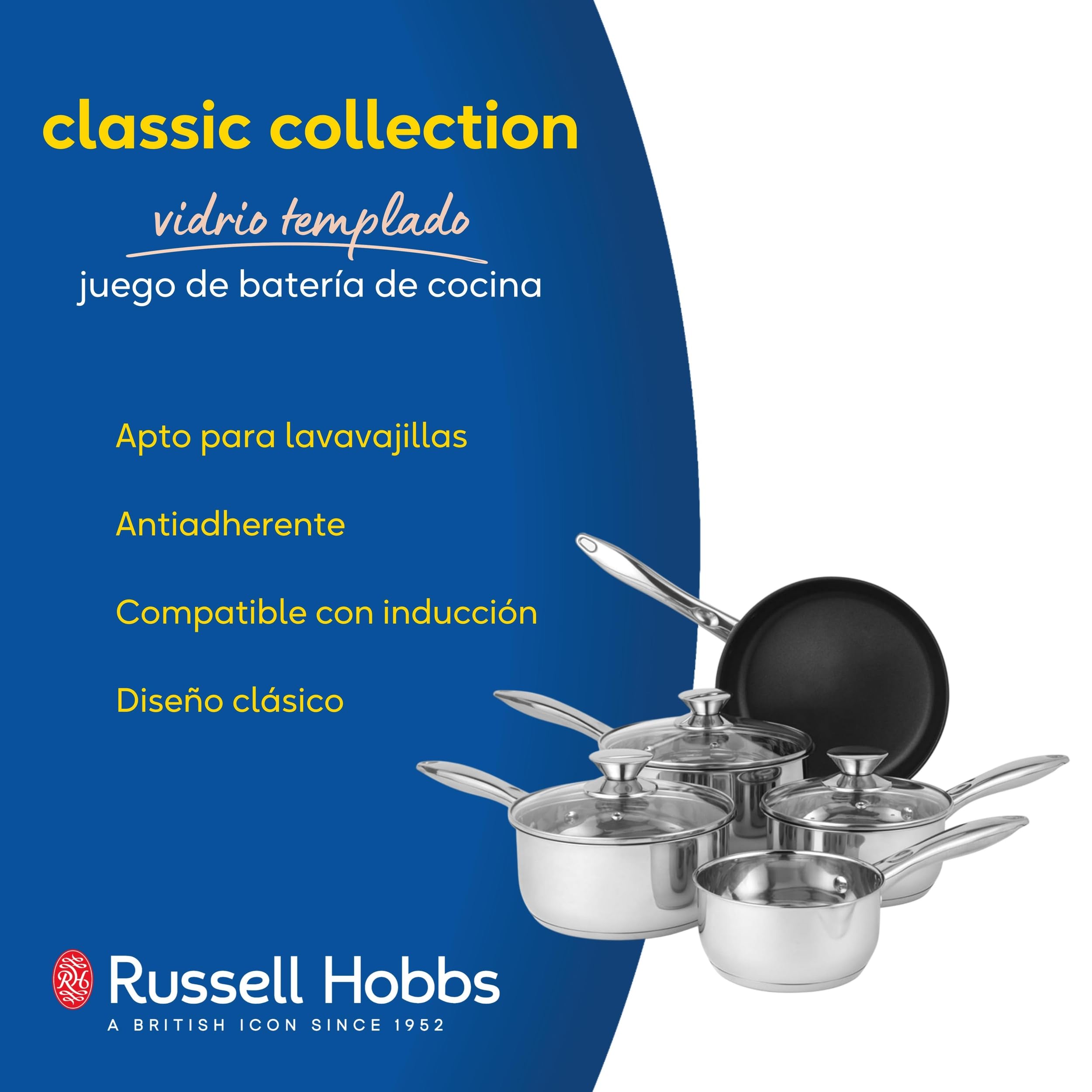 Russell Hobbs BW06572 Batería De Cocina Antiadherentes Con Tapas De Cristal, Utensilios De Cocina Para Placas De Inducción, Conjunto Con Ollas 16/18/20 cm, Cazo De Leche 14 cm Y Sartén 24 cm, 5 Piezas