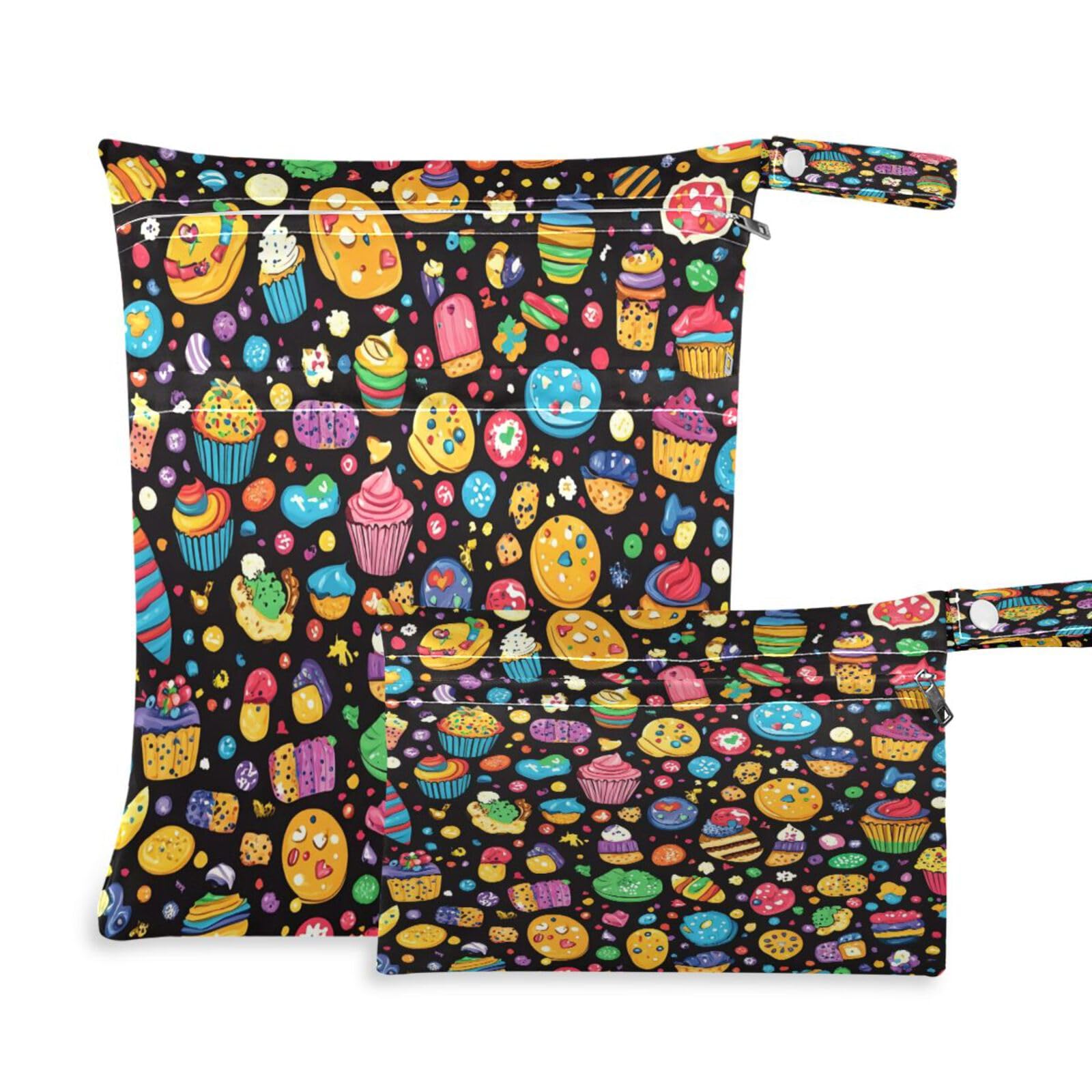ATTX Cupcakes Cookies Wet Dry Bags 2-Pack - Reusable Cloth Diaper Storage for Travel, Beach & Gym | Multi-Use Waterproof Bags for Swimsuits, Baby Clothes, Sports Gear#511