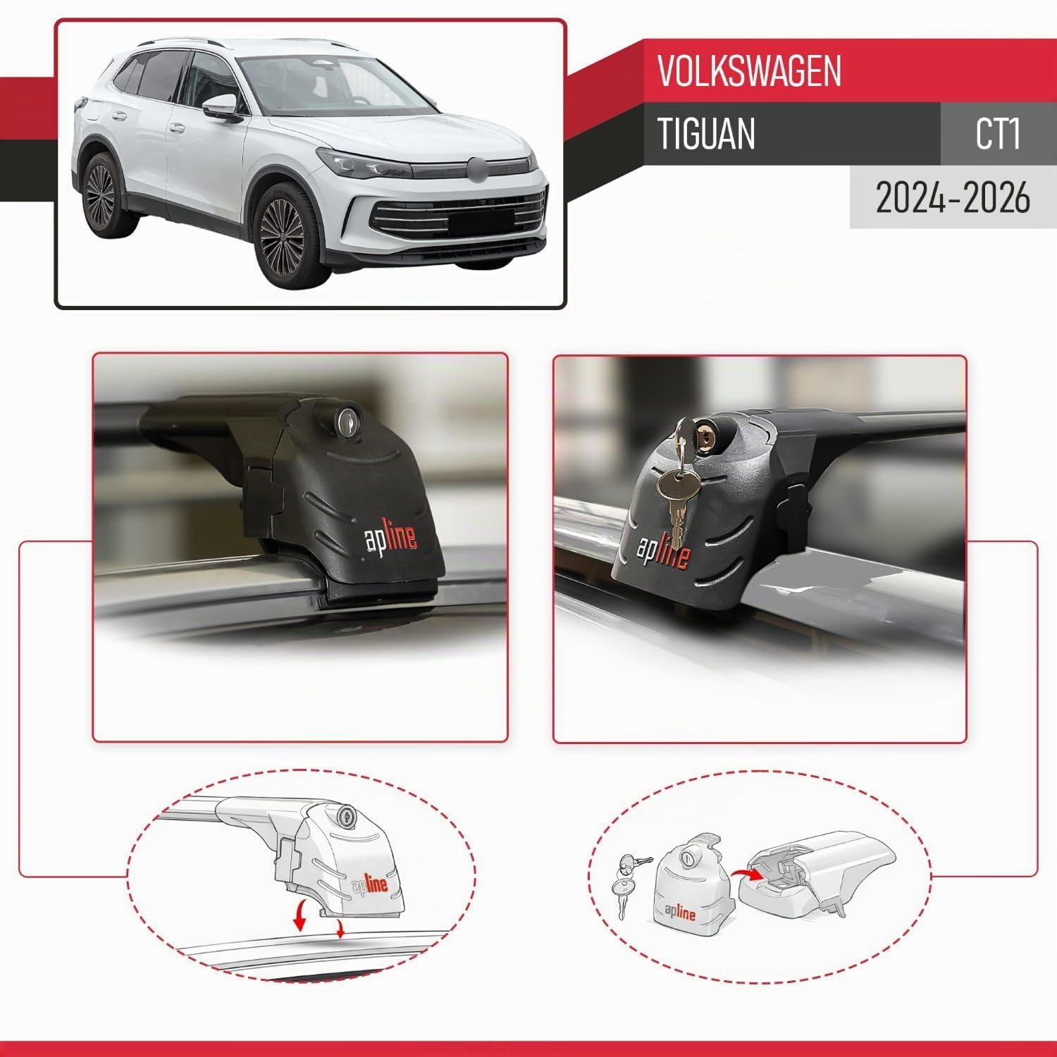 Compatibile con Volkswagen Tiguan (CT1) 2024-2026 Modello ACE-2 Barre Tetto Portapacchi Auto Barre Portatutto Nero Alluminio 2 Barre