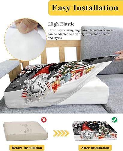 Miniatura 5 de Fundas de cojín de Navidad con diseño de gnomos negros, funda elástica para sofá con parte inferior elástica, diseño de bolas de árbol de Navidad,