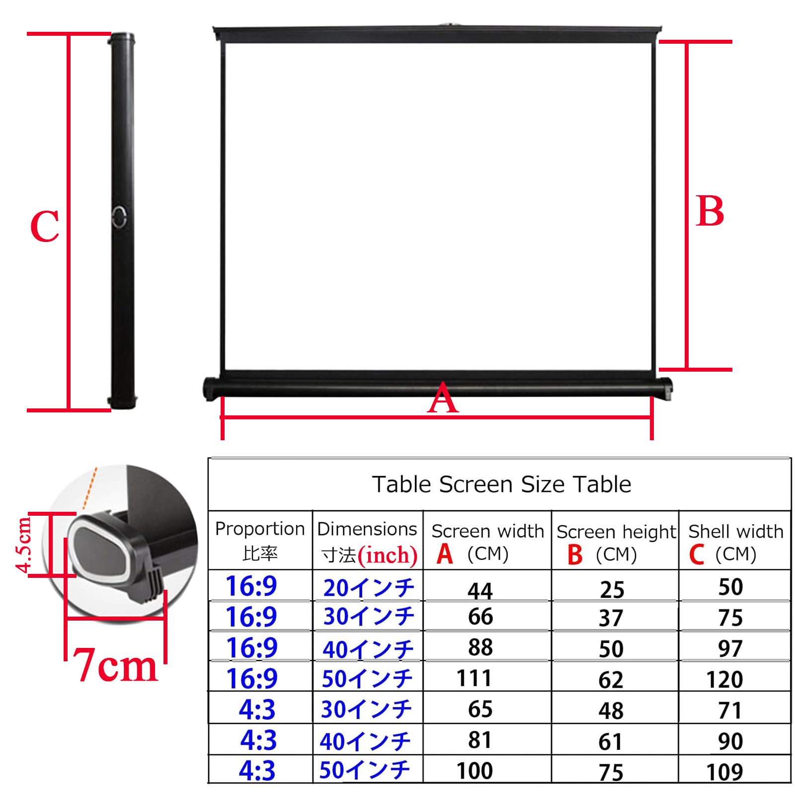 Schermo Per Proiettore Manuale Da 20-50 Pollici, Ultra 4K 4:3 16:9 FHD Telo Per Proiezione Portatile, Retrattile Pull Up Projector Screen, Per Casa Ufficio All`Aperto Teatro Tavolo(16:9 50 inch)