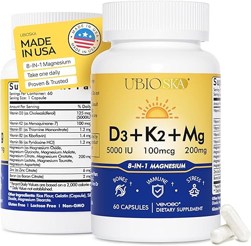 D3+K2+Mg UBIOSKA - Salud ósea, apoyo inmunológico, energía y estado de ánimo, sin OMG, sin gluten, sin azúcar (60 cápsulas)