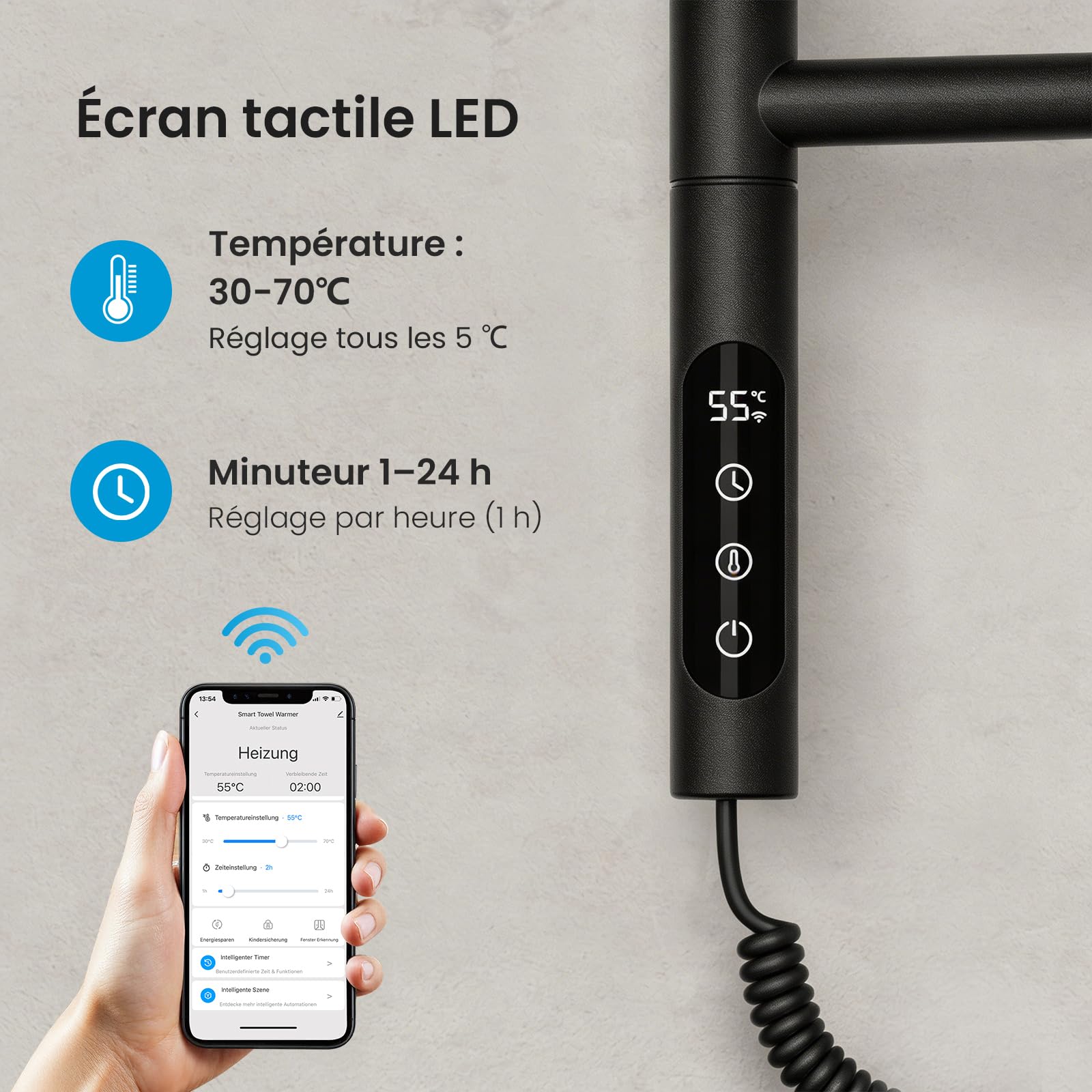Heilmetz 78x45 mm Sèche-Serviette Électrique 180° Rotatif 135W, Chauffage Salle de Bain WiFi Intelligent avec APP & Commande Vocale, Chauffage à Fibre de Carbone, 30-70℃, Minuterie 1-24h, Noir