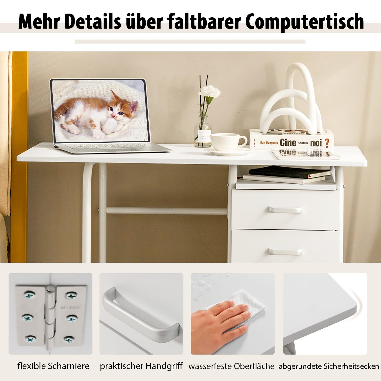 COSTWAY Klappbarer Computertisch mit 3 Schubladen und Rollen, Schreibtisch mit Metallrahmen, platzsparender Bürotisch, Klappschreibtisch für kleine Räume, 105 x 50 x 75 cm, Weiß