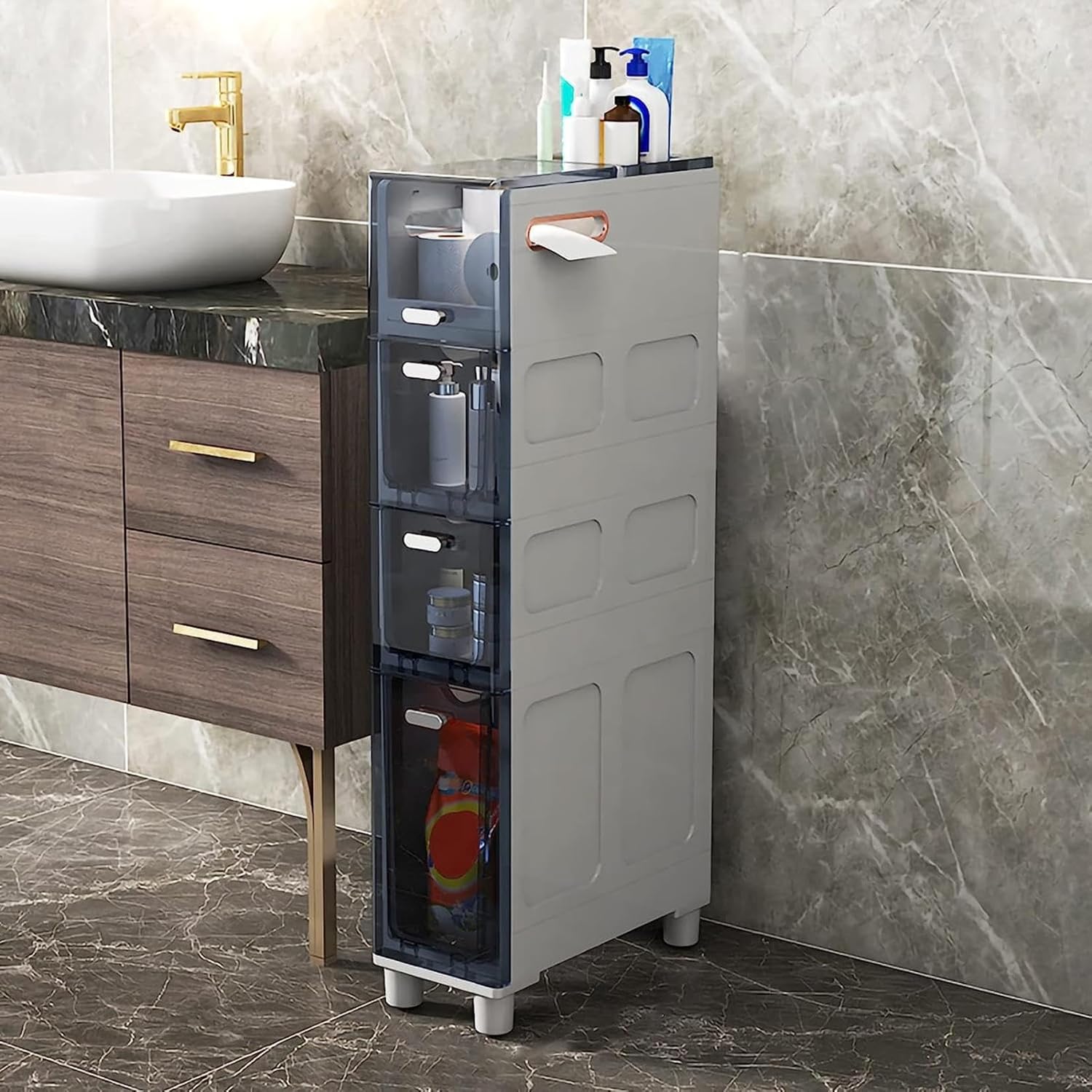 Bathroom Floor Cabinet Narrow Tall Slim 5 Drawer Storage Tower, Sturdy Frame Narrow Toilet Paper Storage Cabinet with Clear Drawers and Casters for Small Spaces and Gaps Toilet Side Narrow Cabinet