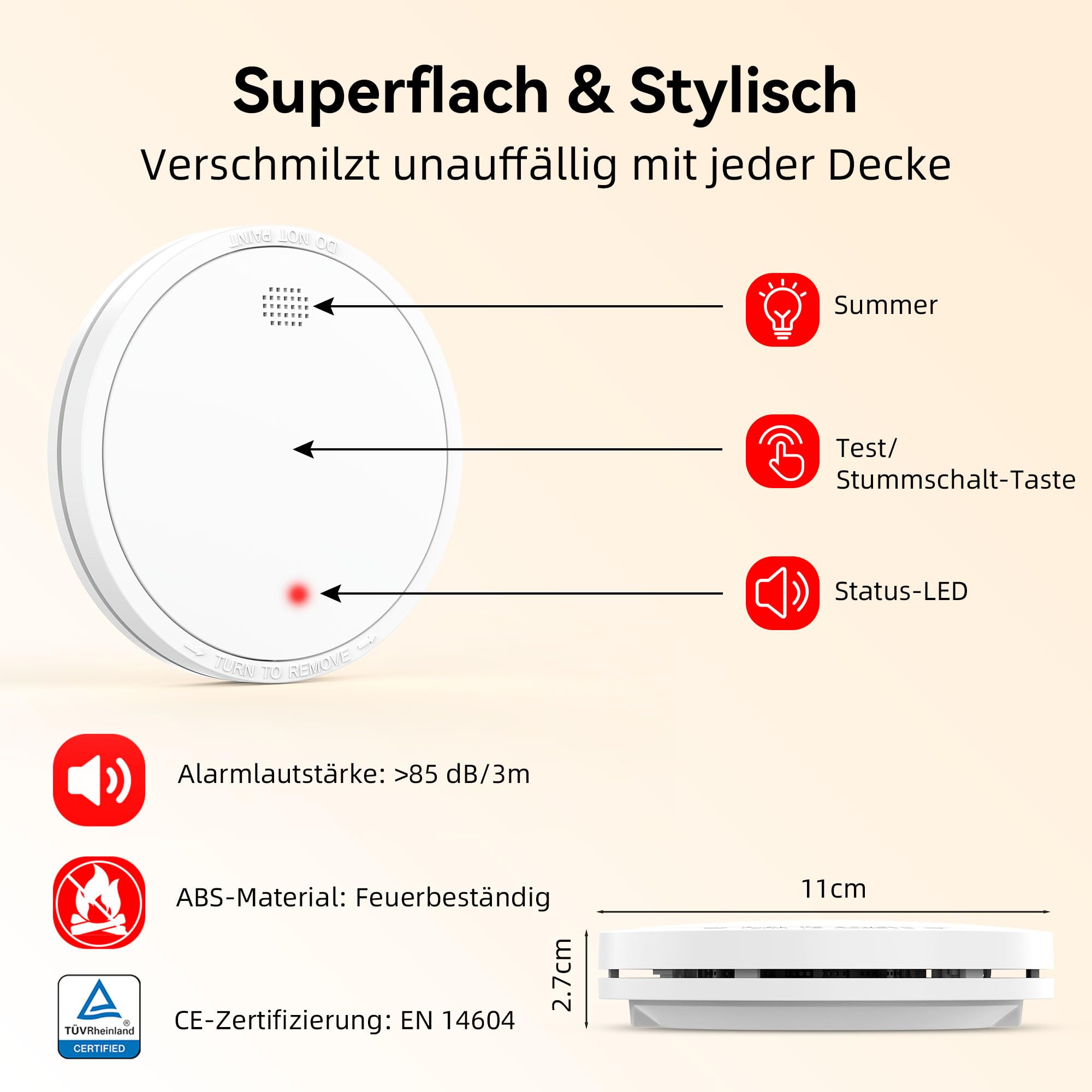 Rauchmelder 10 Jahre Batterie mit Magnethalterung, Europäischen Norm EN14604 Geprüft Feuermelder | Ohne Bohren, 85dB Rauchwarnmelder, 6er Set