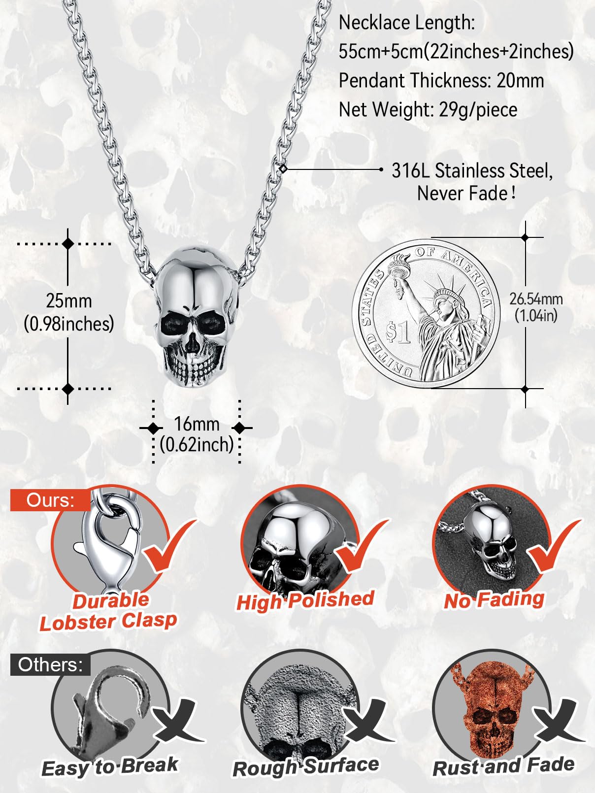 FaithHeart Collar Calavera Hombre Acero Inoxidable 316L Colgante Cráneo Esqueléto Collar Punk Halloween Colgante Gótico Joyería Cool Hombre