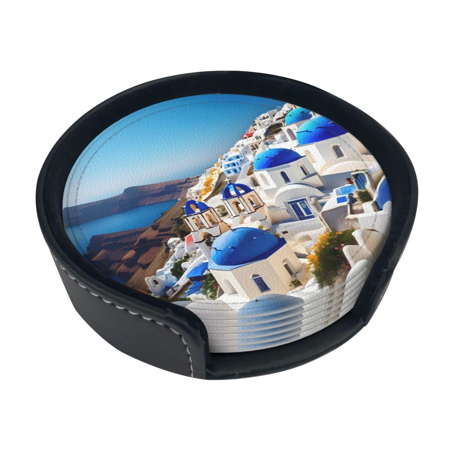 Santorini Greek Island Sea View Print Leather Round Coaster with Holder for Kitchen Office Dining Table Decor