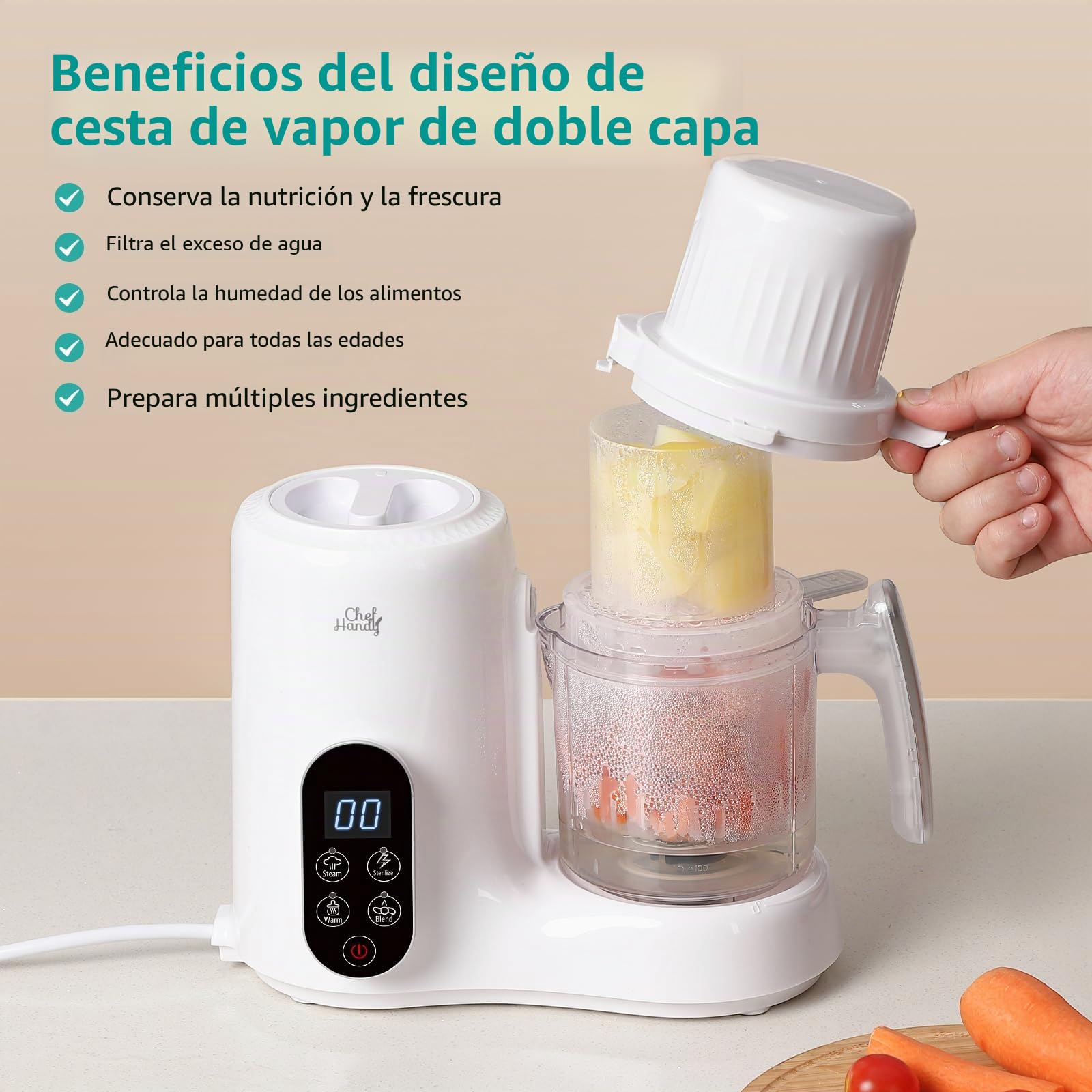 Chefhandy Pure Bebe Maquina 5 en 1 – Batidora para Pures de Bebé con Vaporera Doble, Procesador de Alimentos, Calienta Biberones, Cocción y Triturado Automático, Pantalla Táctil – Blanco