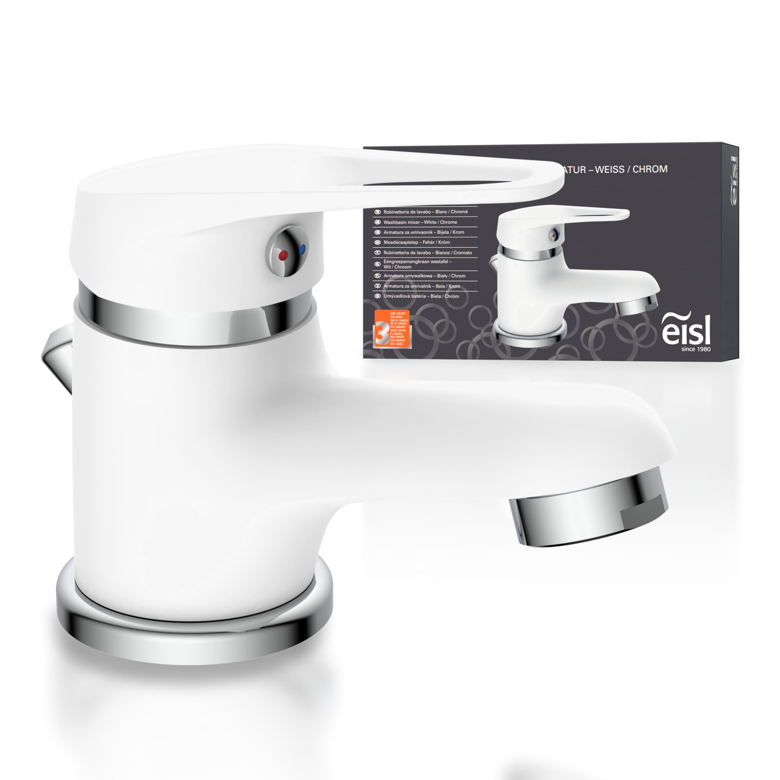 EISL Waschtischarmatur SPEED, Badarmatur, Einhebelmischer mit Ablaufgarnitur, besonders platzsparender Wasserhahn ideal für kleine Waschbecken, Chrom/Weiß
