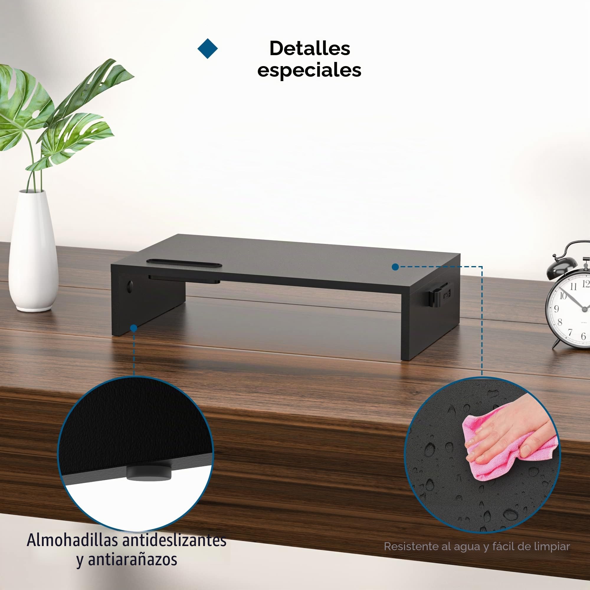BONTEC Elevador Monitor de Madera, Soporte Monitor 1 Nivel Gestion Cables Ranura Movil Negro 420x235x104mm