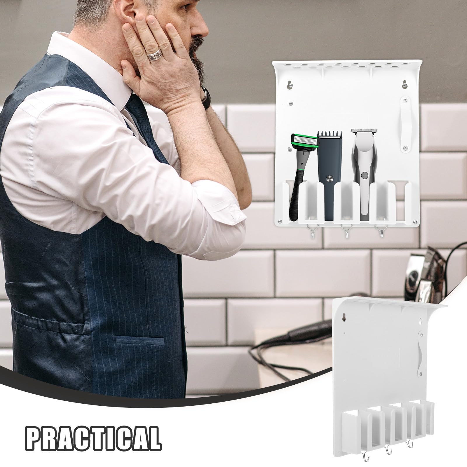 ULTECHNOVO Soporte de Pared para Cortapelos Profesional Blanco, Organizador para Tijeras y Herramientas de Peluquería, Estante Multifuncional para Máquina Cortapelos y Cepillos de Cabello,