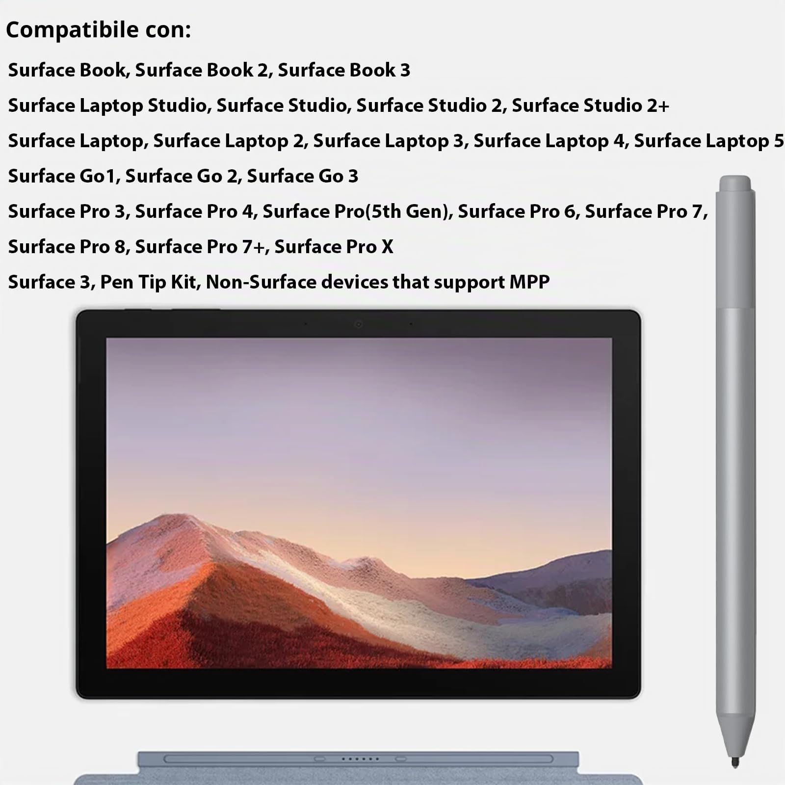 Surface Pen per Microsoft Surface Pen 1766 per Surface Pro 7+/8/7/6/4/3/Go3/2/1/Studio 2+/2/1/Book 3/2/1/Laptop 5/4/3/2/1,4096 livelli di sensibilità alla pressione, assorbimento magnetico, senza