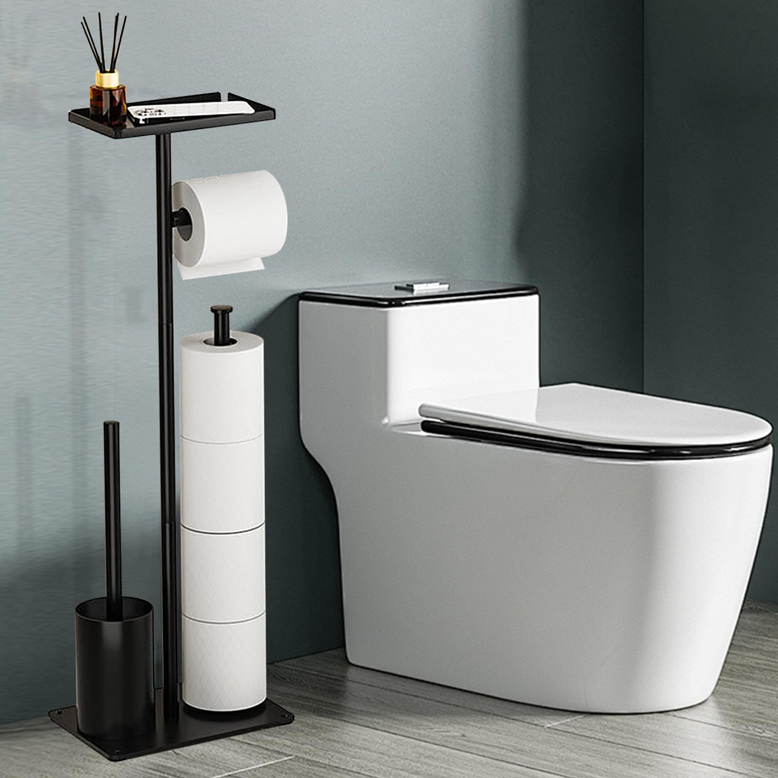 LYGSWDB Mattschwarzer Stand-Toilettenpapierhalter und Bürstenset – stilvoller Halter mit Ablage für Toilettenpapier-Reinigungstücher und Bürste – Perfekter Badezimmer-Nizer