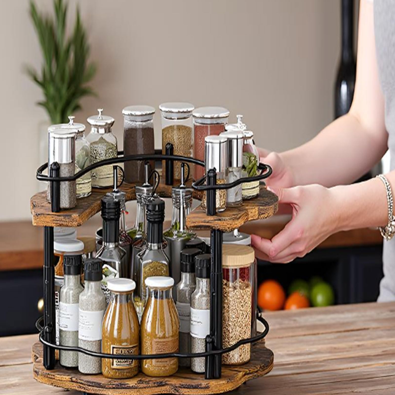 Organizador de platos giratorios de madera, estante para especias, giratorio, organizador de cocina, frigorífico, bandeja giratoria, rotativo, para cocina, espacio de trabajo (negro)