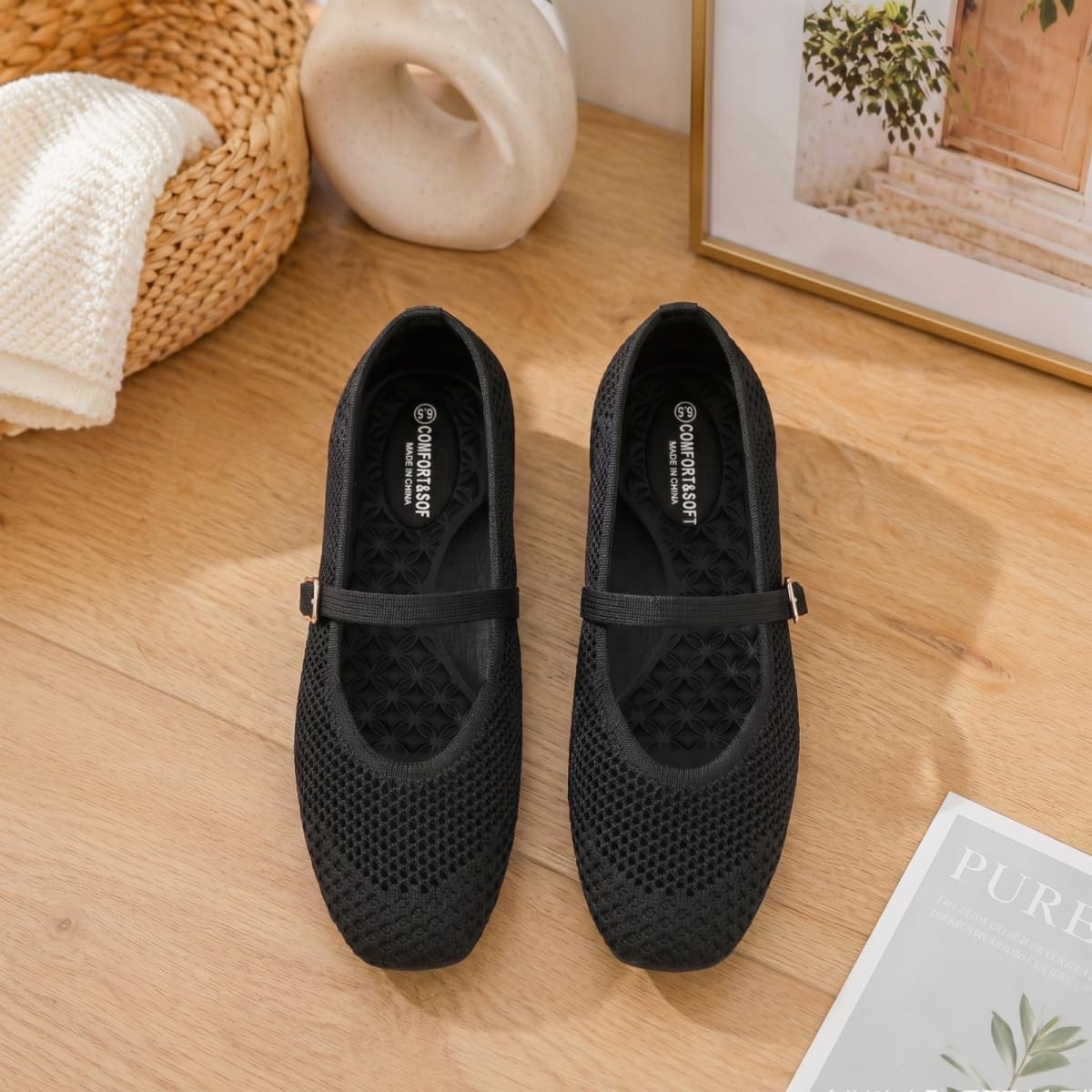 Frank Mully Damen-Freizeitschuhe mit Flacher Sohle quadratische Zehenpartie gestricktes Netzgewebe Flache Komfortschuhe für die Arbeit