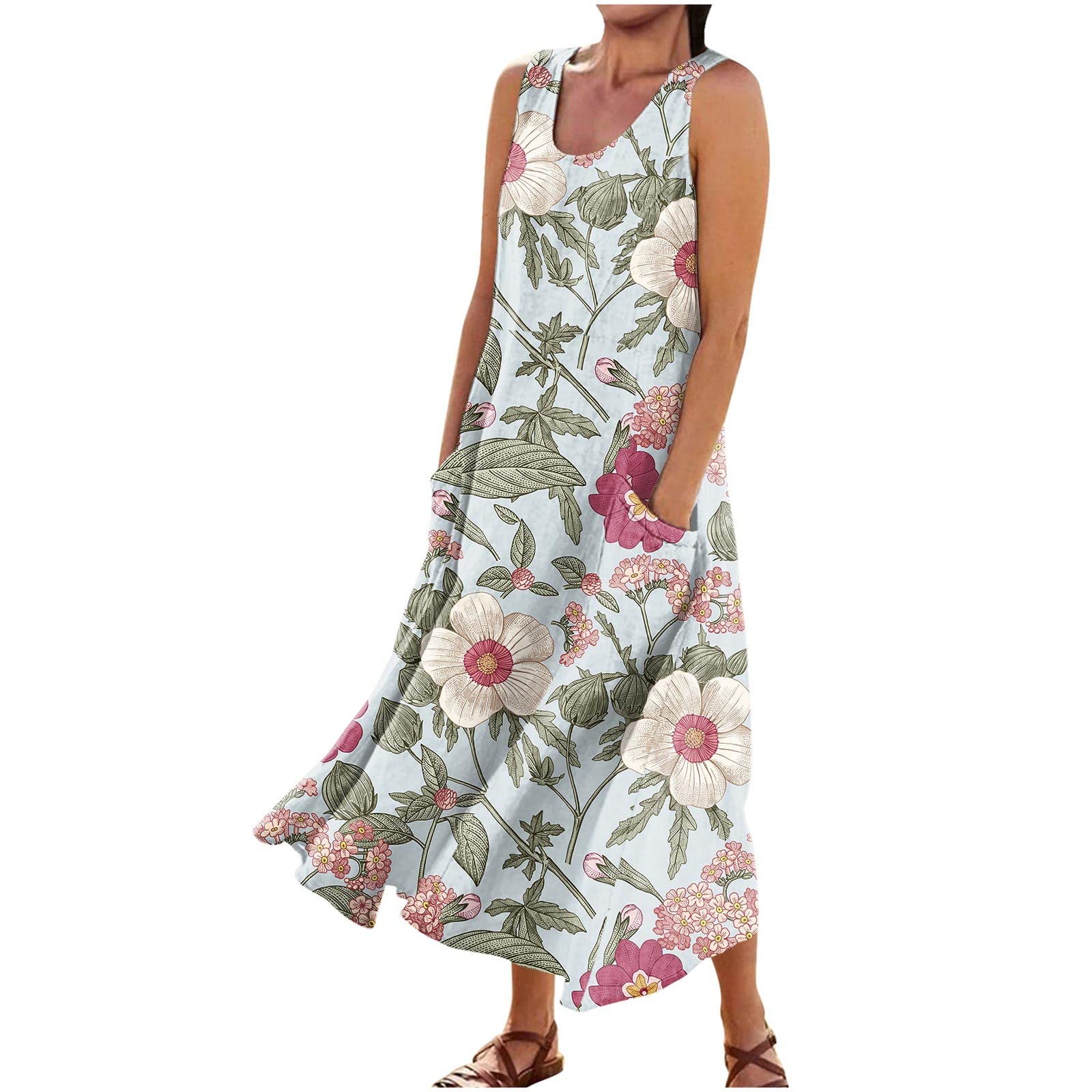 Sleeveless Dresses for Womens 2025 Beach Cotton Linen Floral Printed Dresses with Pockets Casual Flowy Long Dress