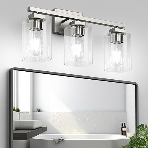 Lámpara de tocador de baño, 3 luces de 19 pulgadas de níquel cepillado moderno mate con pantalla de vidrio transparente, lámparas de pared, lámparas