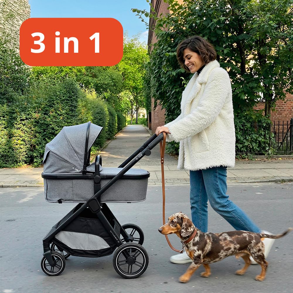 Nurse Wander C Trio Carrito de Bebé 3 en 1, Capazo Convertible en Hamaca y Silla de Coche i-Size, Plegado Compacto, con Accesorios, Gris
