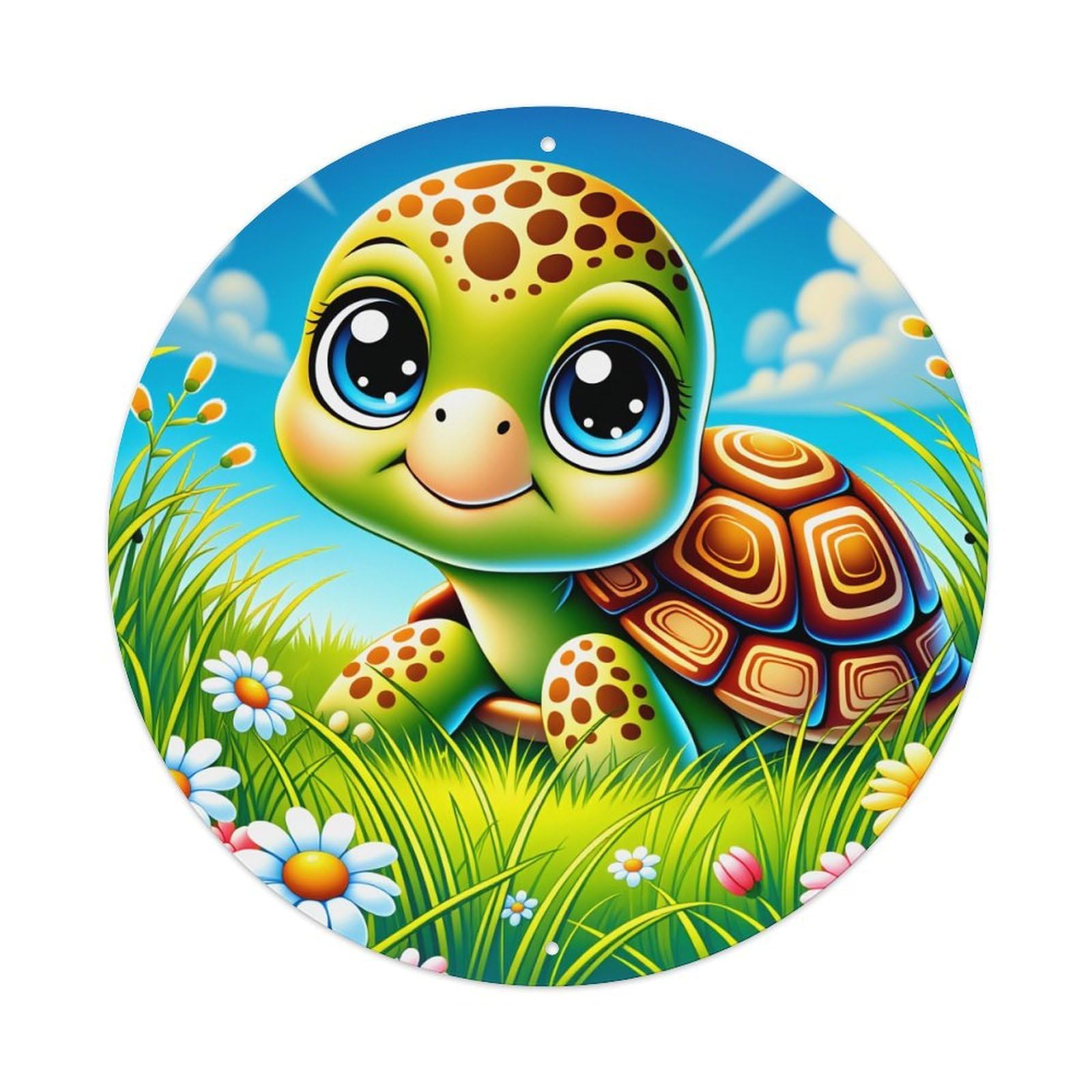Cute Turtle In Grass With Flowers Round Tin Sign Vintage Style Metal Sign Home Bar Garden Wall Plaque Decor Metal Poster 8x8 Inch
