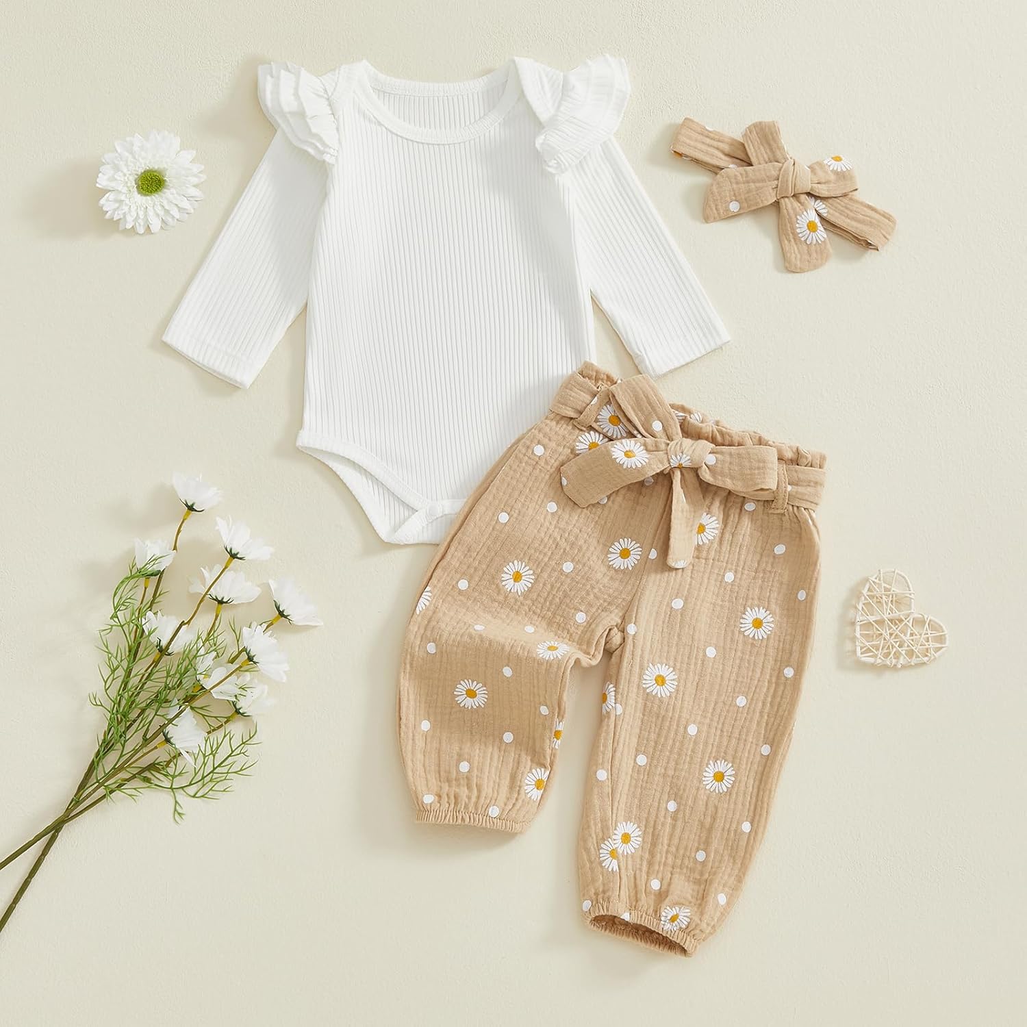 Newborn Infant Girl Clothes Rib Knit Ruffles Long Sleeve Romper Daisy Pants Baby Clothes for Girls 0 3 6 12 18 24M - Image 3