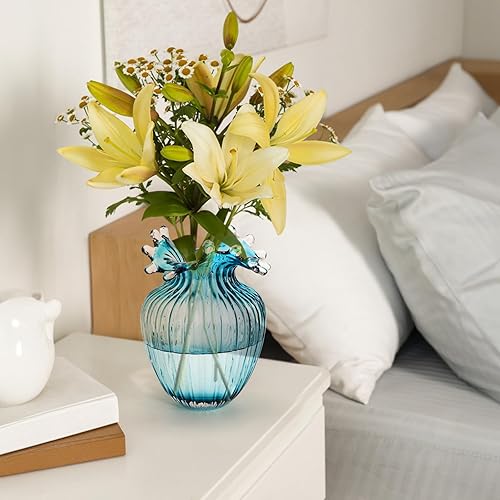 Miniatura 6 de Jarrón de vidrio soplado a mano, jarrón azul decorativo de arte moderno para plantas de flores, jarrón único de burbujas para decoración del hogar,