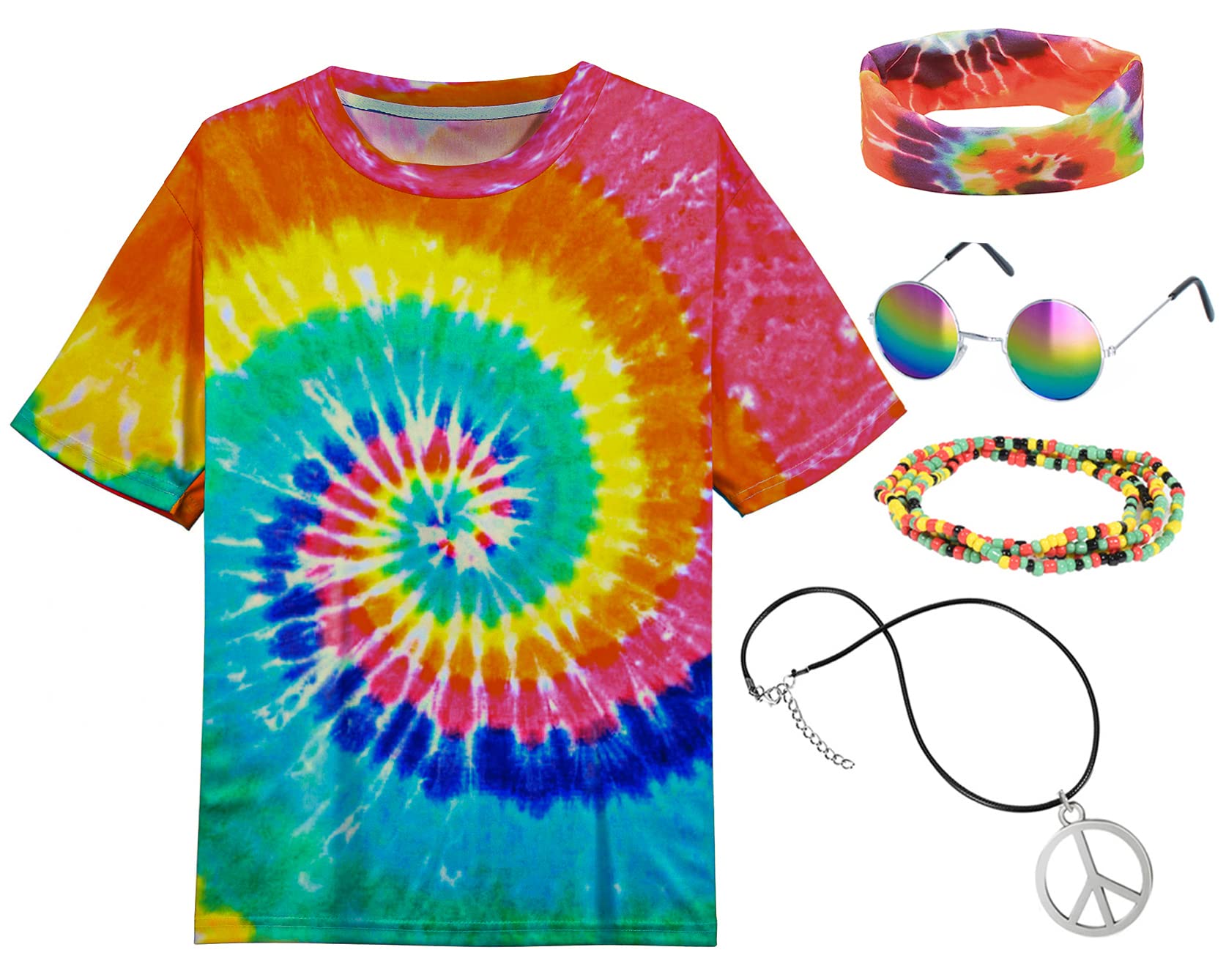 Hippie Costume for Men Momen 60s 70s Colorful T-Shirt 5 PCS Accessories set for Theme Party