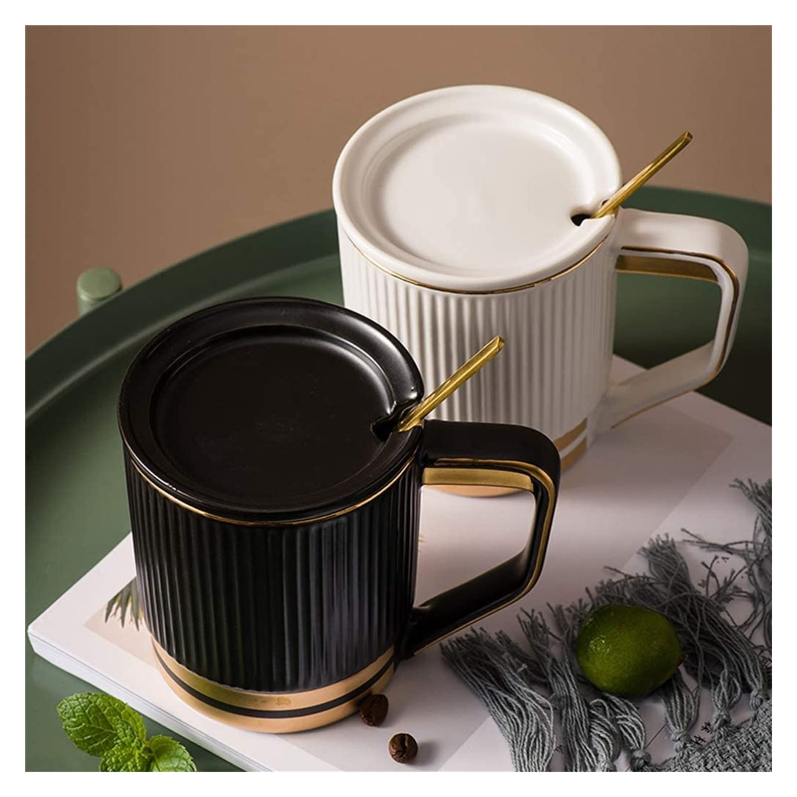 Taza de café de cerámica, taza de té para oficina y hogar, taza de café de cerámica con tapa y cucharadita dorada, decoración de borde dorado, taza de desayuno de gran capacidad, taza de té Wate
