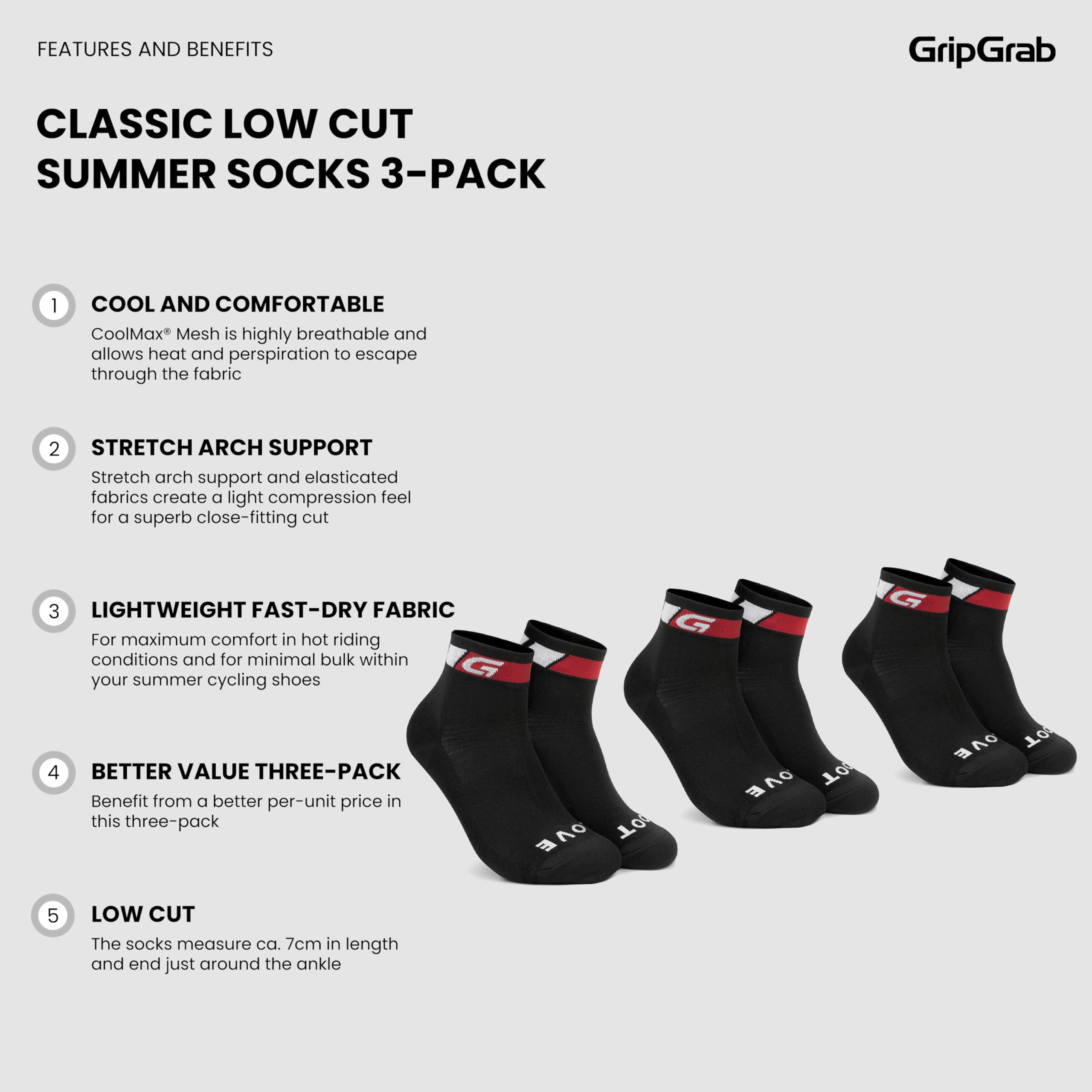 GripGrab Classic Low Cut 1 i 3-częściowy zestaw krótkich letnich skarpet rowerowych, wyścigowych, górskich, do użytku wewnątrz i na rowerze
